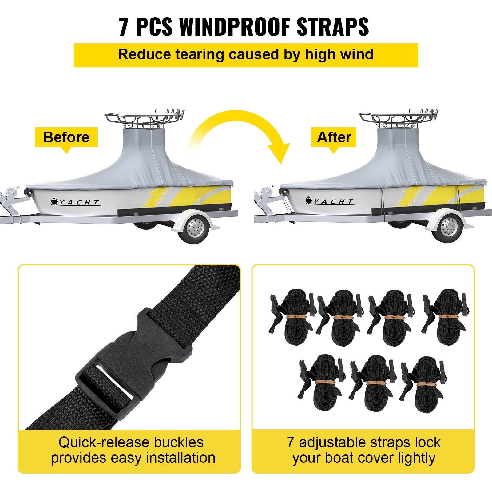 VEVOR T-Top Boat Cover, Fit for 22\'-24\' Boat, Heavy Duty 600D Marine Grade Oxford Hard Top Cover, UV Resistant Waterproof Center Console Boat Cover with 2 Support Poles and 7 Wind-Proof Straps, Gray 6