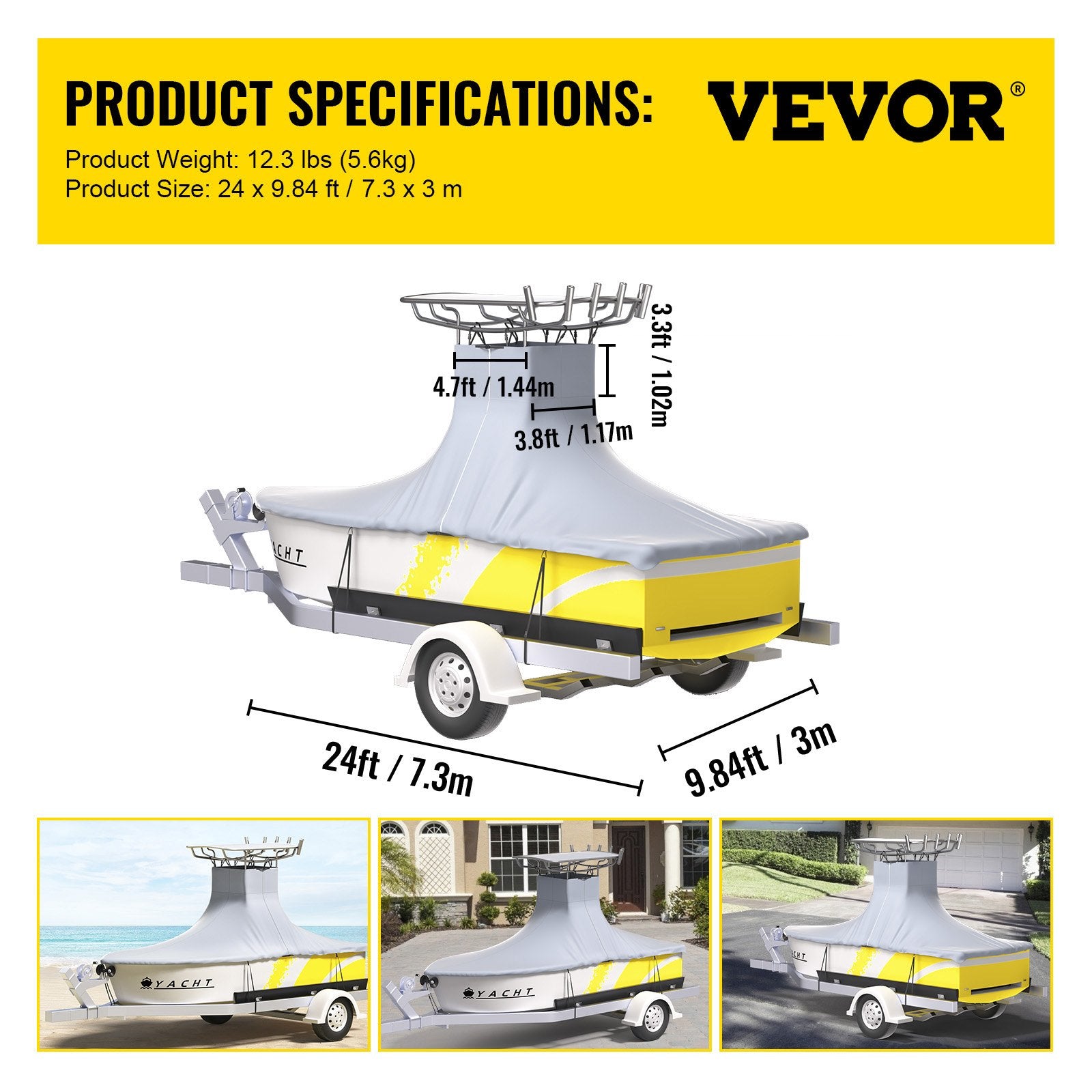 VEVOR T-Top Boat Cover, Fit for 22\'-24\' Boat, Heavy Duty 600D Marine Grade Oxford Hard Top Cover, UV Resistant Waterproof Center Console Boat Cover with 2 Support Poles and 7 Wind-Proof Straps, Gray 7