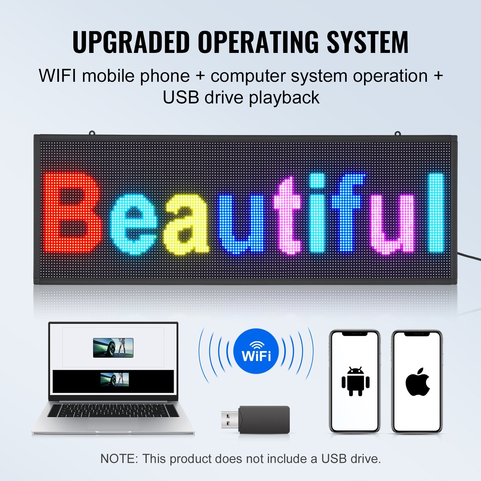 VEVOR Programmable LED Sign, P10 Full Color LED Scrolling Panel, DIY Custom Text Animation Pattern Display Board, WIFI USB Control Message Shop Sign for Store Business Party Bar Advertising, 99x35cm
