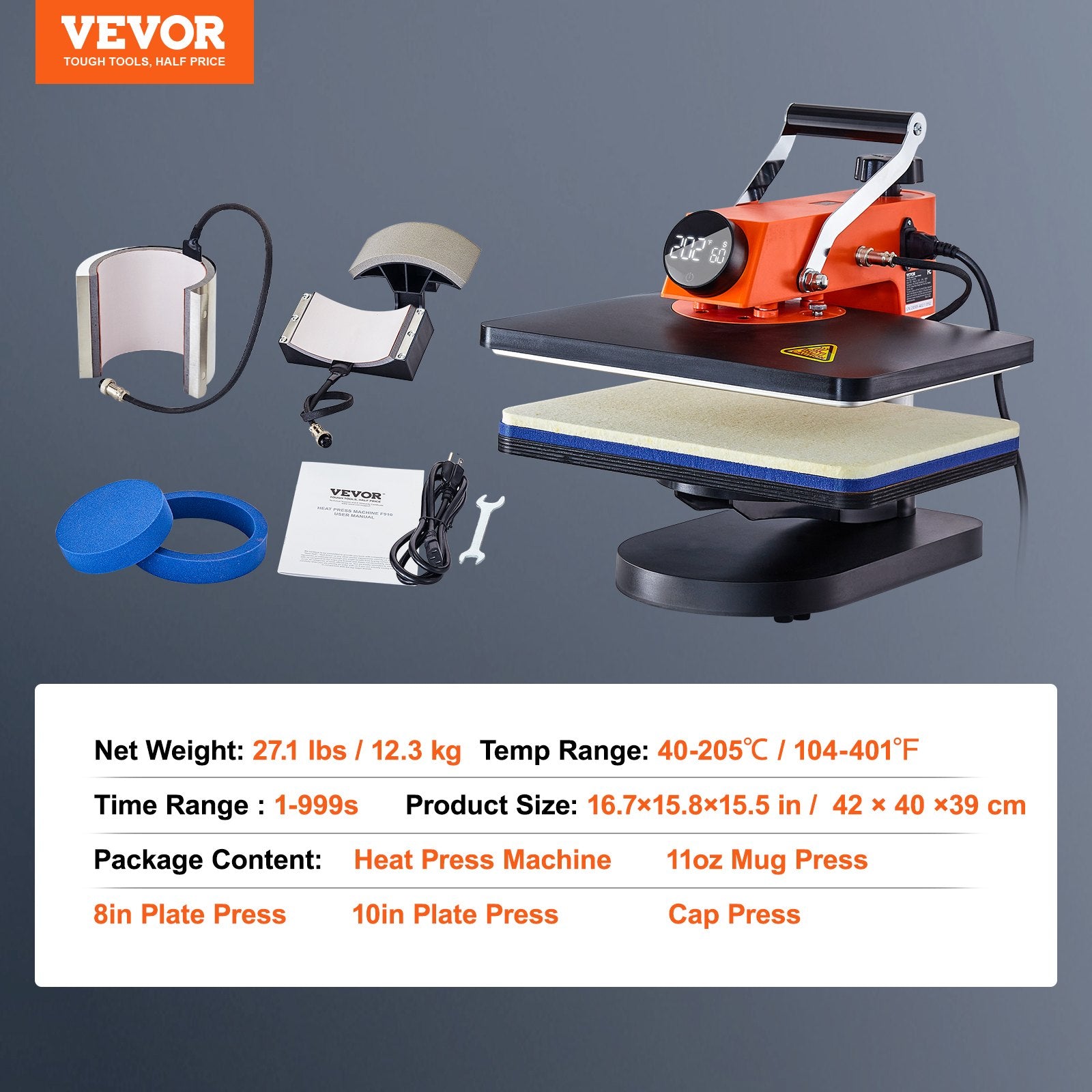 VEVOR Heat Press Machine 12x15in 5in1 Sublimation Transfer T-shirt Plate Mug Cup 7