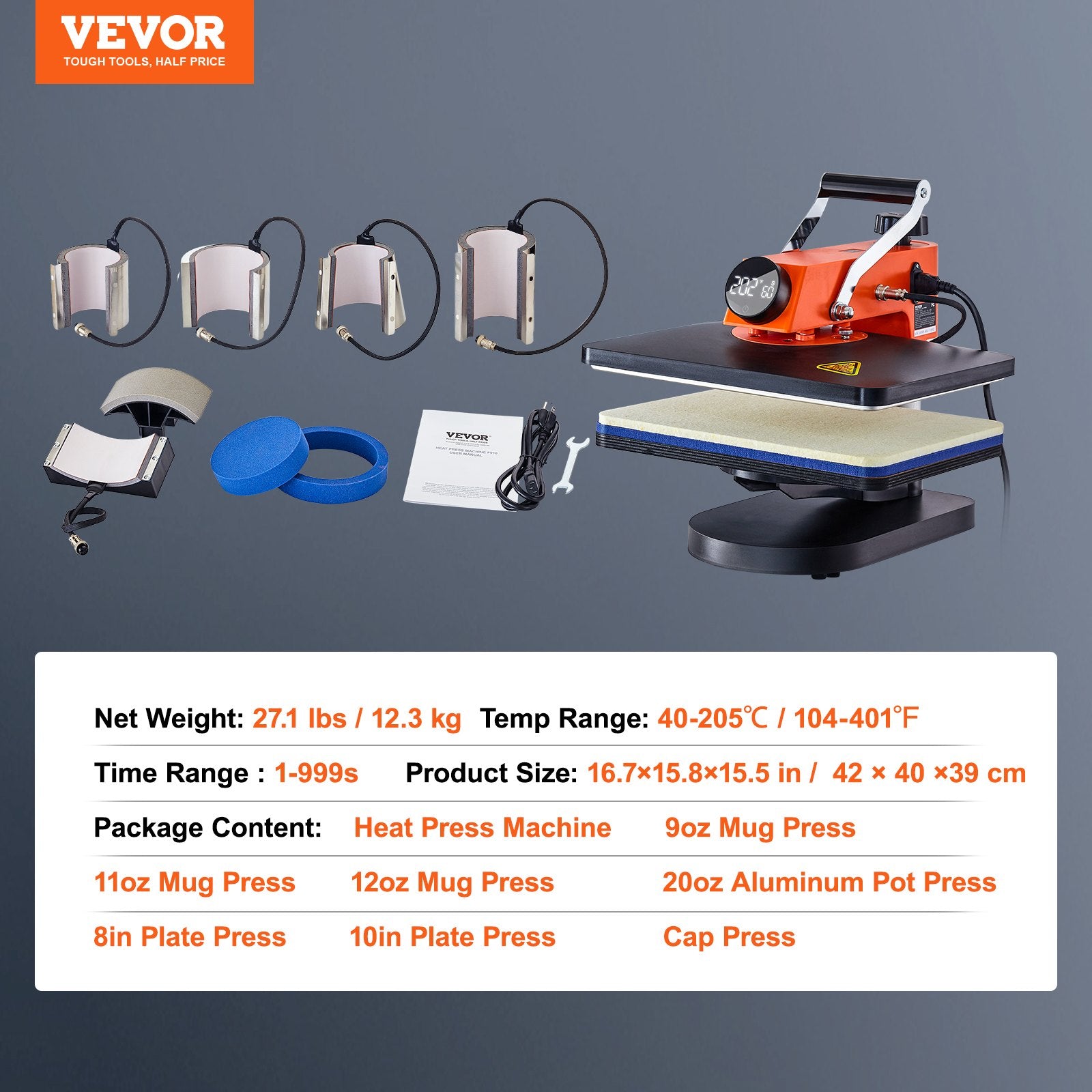 VEVOR Heat Press Machine 12x15in 8in1 Sublimation Transfer T-shirt Plate Mug Cup 7