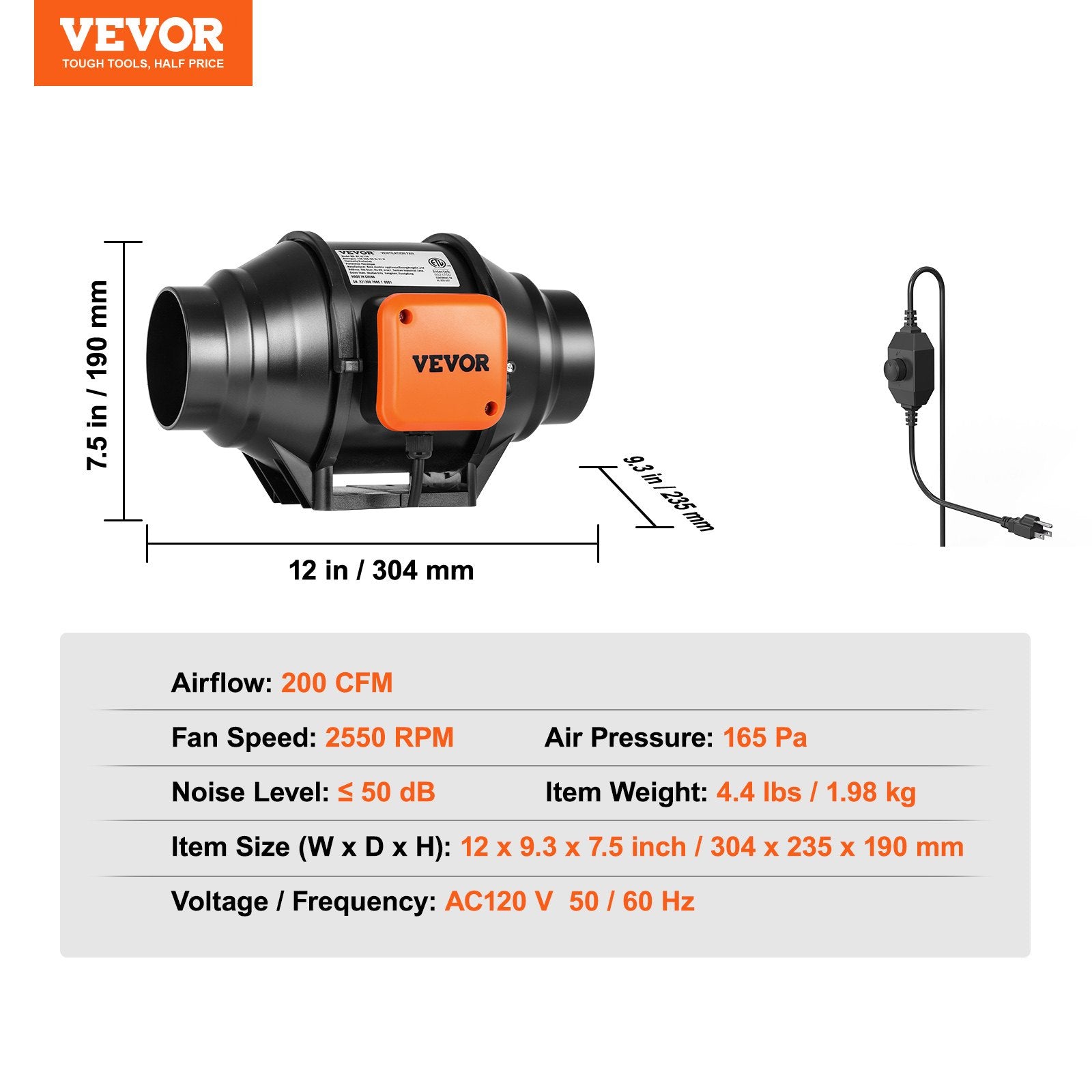 VEVOR Inline Duct Fan, 102mm 129.7 CFM with Variable Speed Controller, Quiet AC-motor Ventilation Exhaust Fan for Cooling Booster, Grow Tents, Hydroponics 6