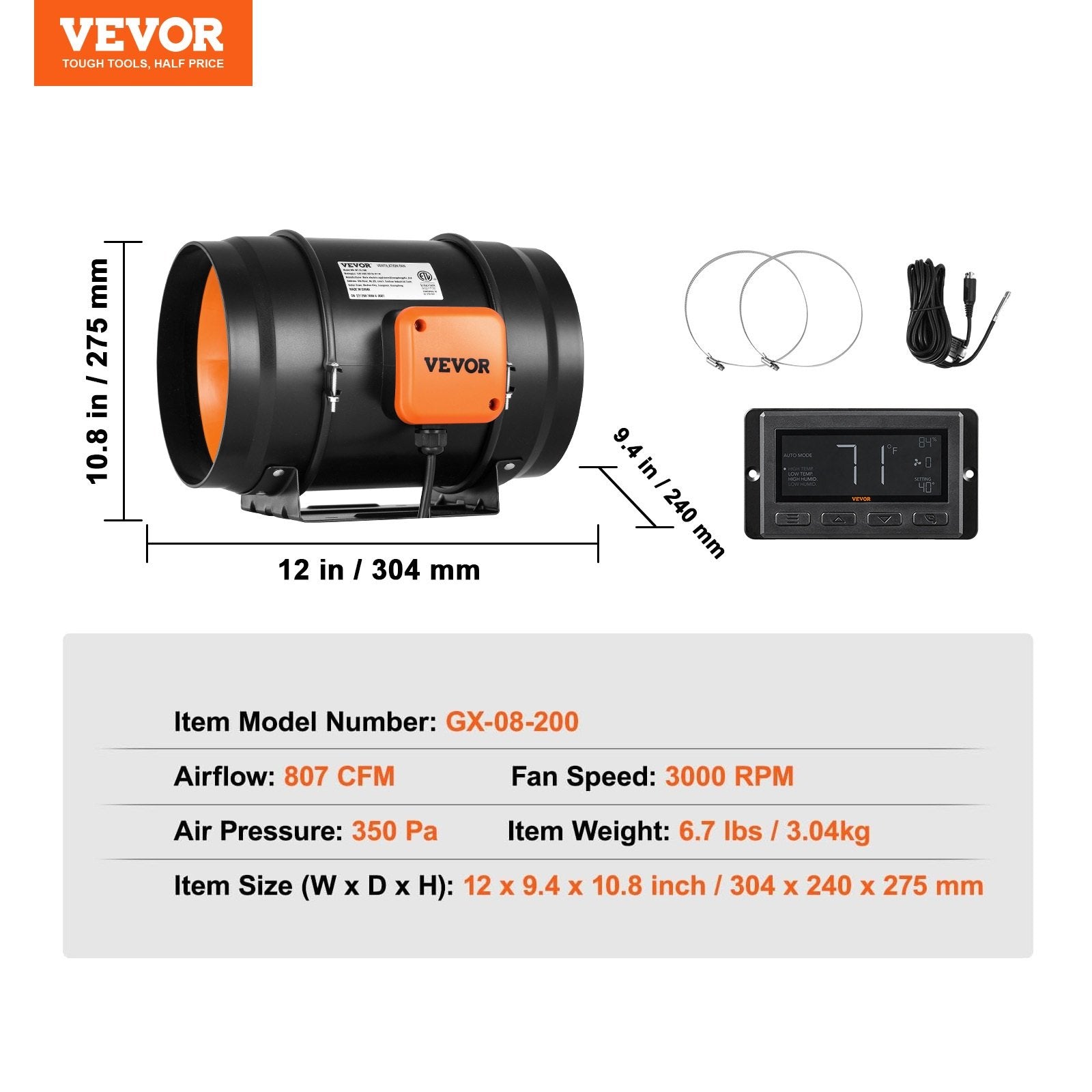 VEVOR Inline Duct Fan, 203.2mm 506.2 CFM with Temperature Humidity Controller, Quiet EC-motor Ventilation Exhaust Fan for Cooling Booster, Grow Tents, Hydroponics 7