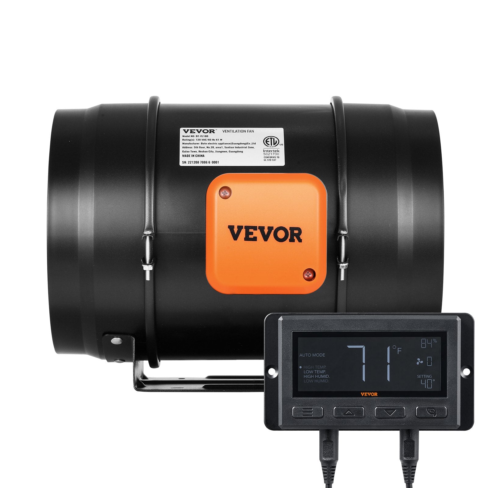 VEVOR Inline Duct Fan, 203.2mm 506.2 CFM with Temperature Humidity Controller, Quiet EC-motor Ventilation Exhaust Fan for Cooling Booster, Grow Tents, Hydroponics 9