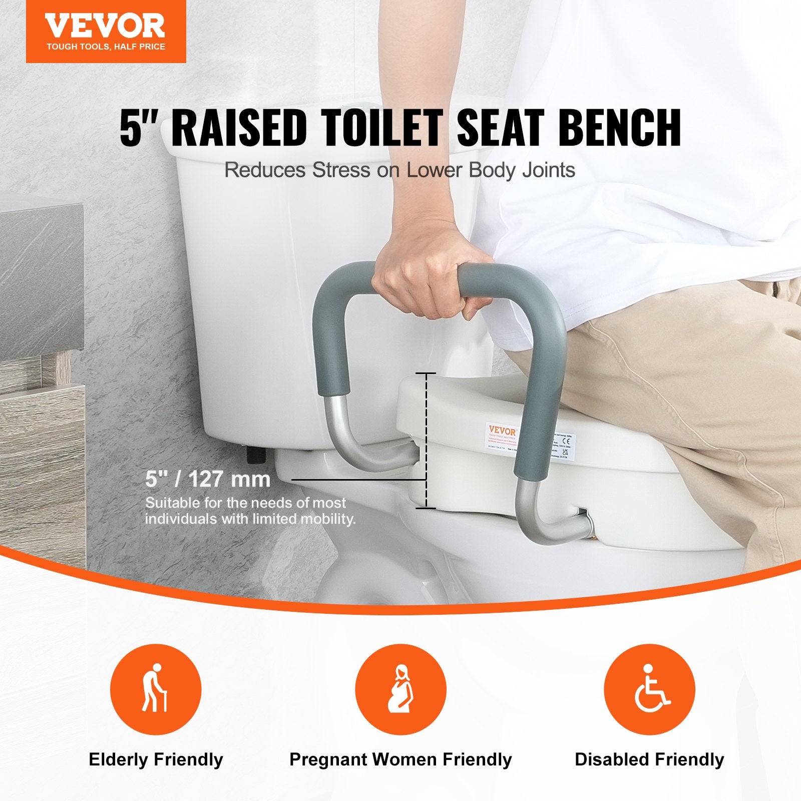VEVOR Raised Toilet Seat, 5" Height Raised, 350 lbs Weight Capacity, for Round and Elongated Toilet, Twist Lock Installation,19.1" - 21.7" Adjustable Width, for Elderly, Handicap, Patient, Pregnant, M