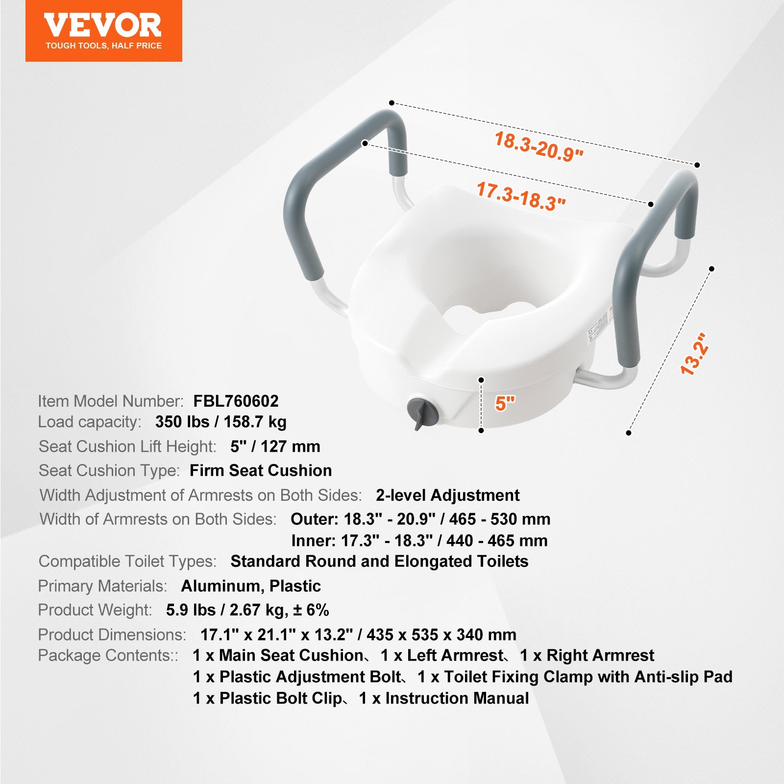 VEVOR Raised Toilet Seat, 5" Height Raised, 350 lbs Weight Capacity, for Round and Elongated Toilet, Twist Lock Installation,19.1" - 21.7" Adjustable Width, for Elderly, Handicap, Patient, Pregnant, M 7