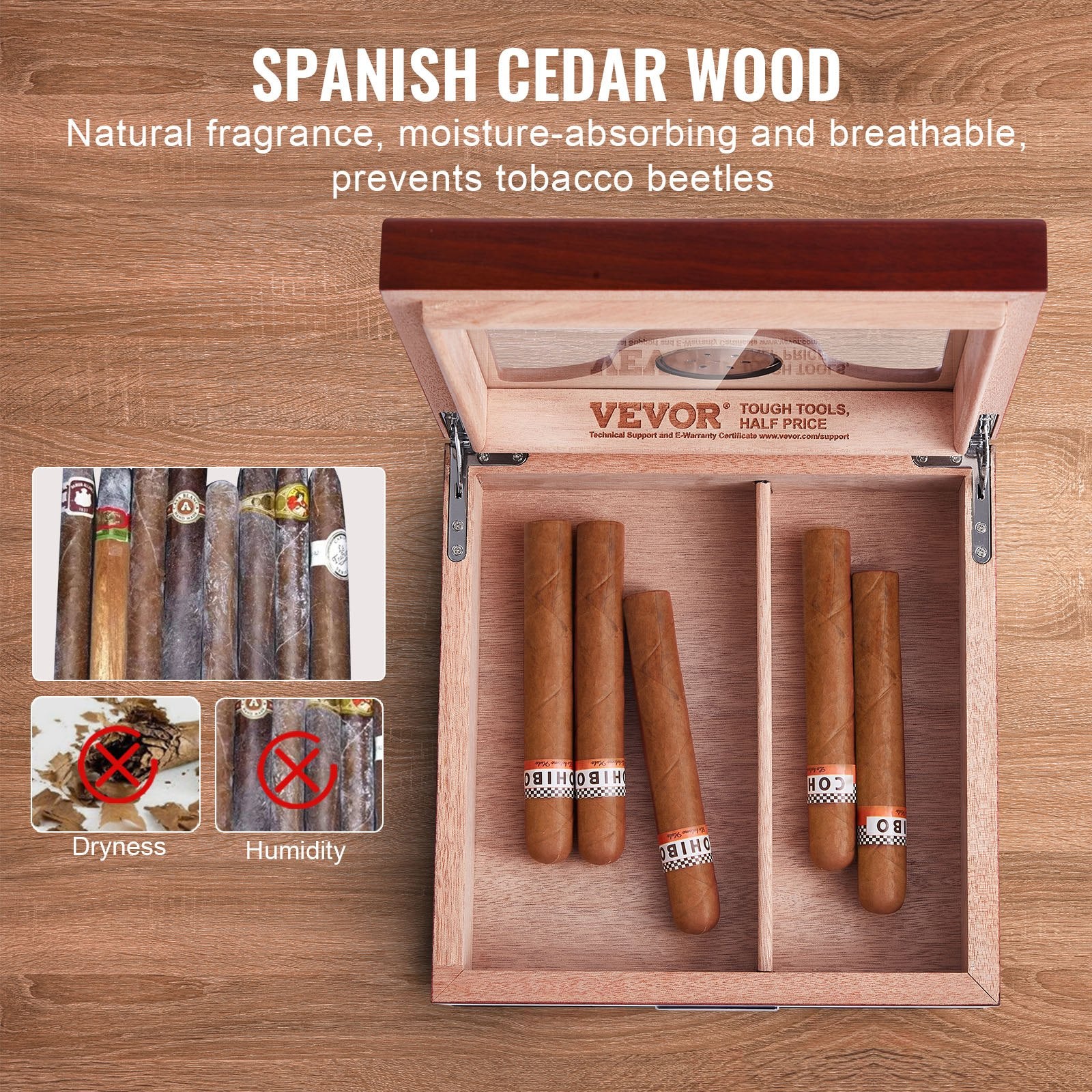 VEVOR Cigar Humidor, Glass Top Cigar Humidor Box, Handmade Spanish Cedar Wood Cigar Desktop Box, Cigar Storage Case with Humidifier, Hygrometer, Divider and Accessory Drawer, 20-35 Cigars 3