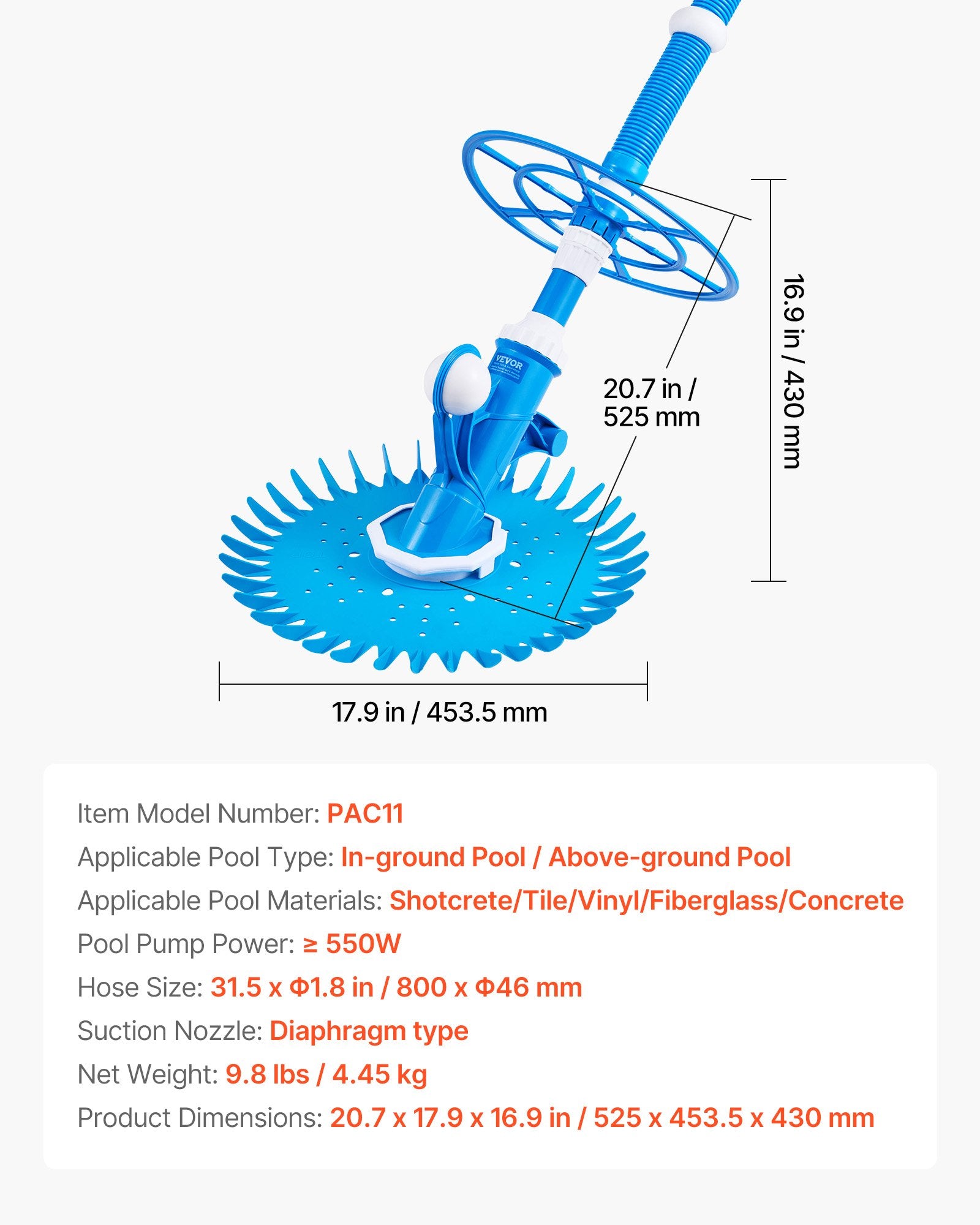 VEVOR Suction Pool Cleaner, Automatic Pool Vacuum Cleaner, Suction Side Automatic Pool Cleaner, Suction Vacuum Pool Sweeper with 12 Hoses, for In-ground and Above-ground Pool Up to 609.6 x 1066.8 cm 7