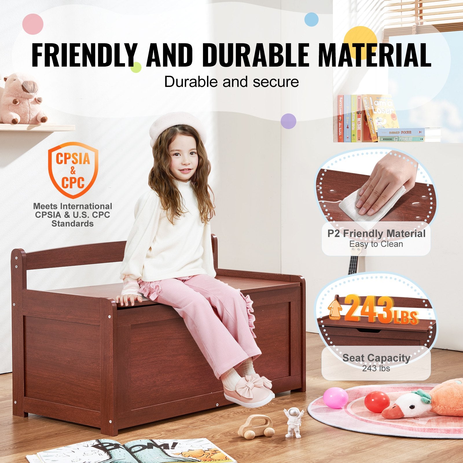 VEVOR Kids Toy Storage Bench Wooden Toy Box Chest 32.68 x 17.91 x 24.02" Cherry 4