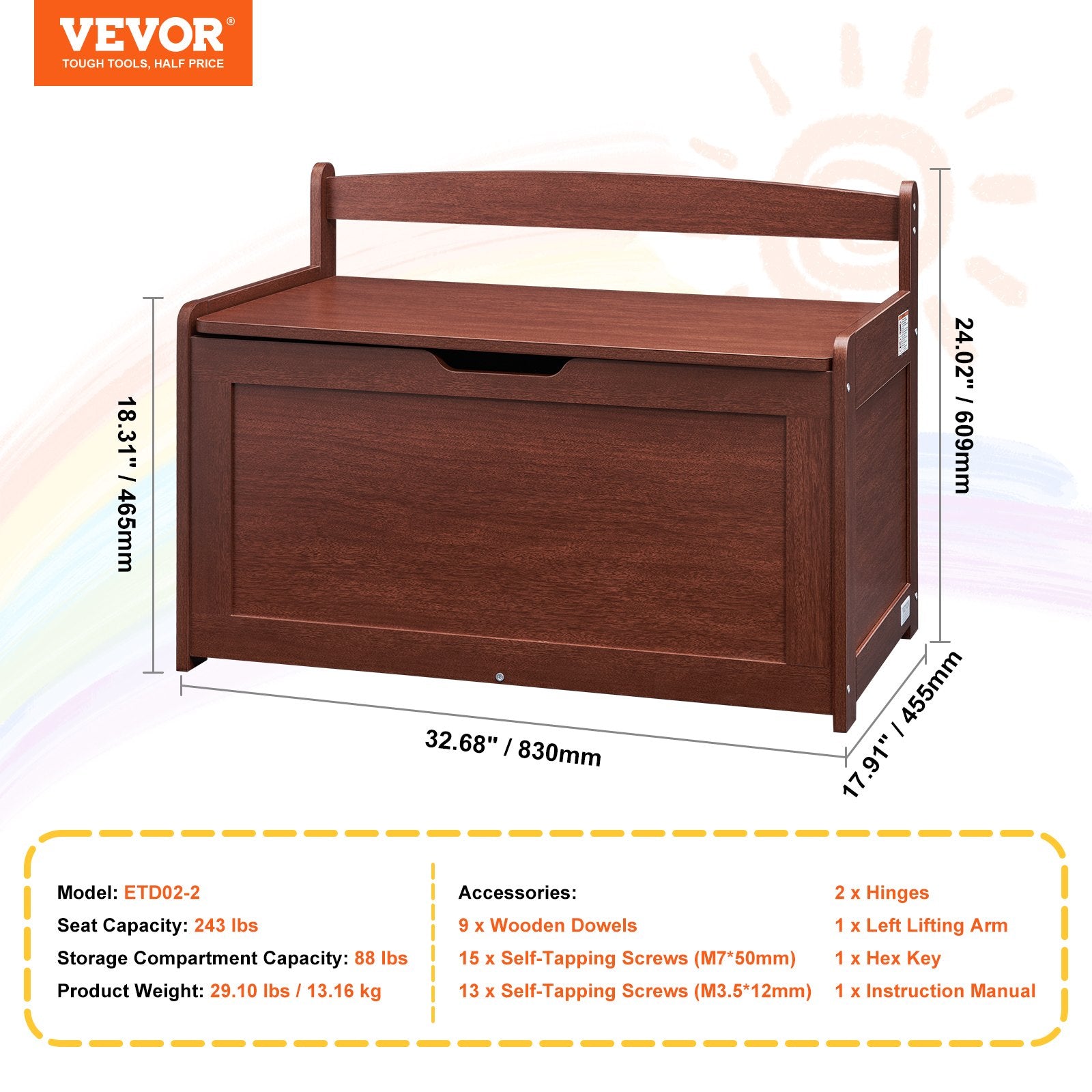 VEVOR Kids Toy Storage Bench Wooden Toy Box Chest 32.68 x 17.91 x 24.02" Cherry 5