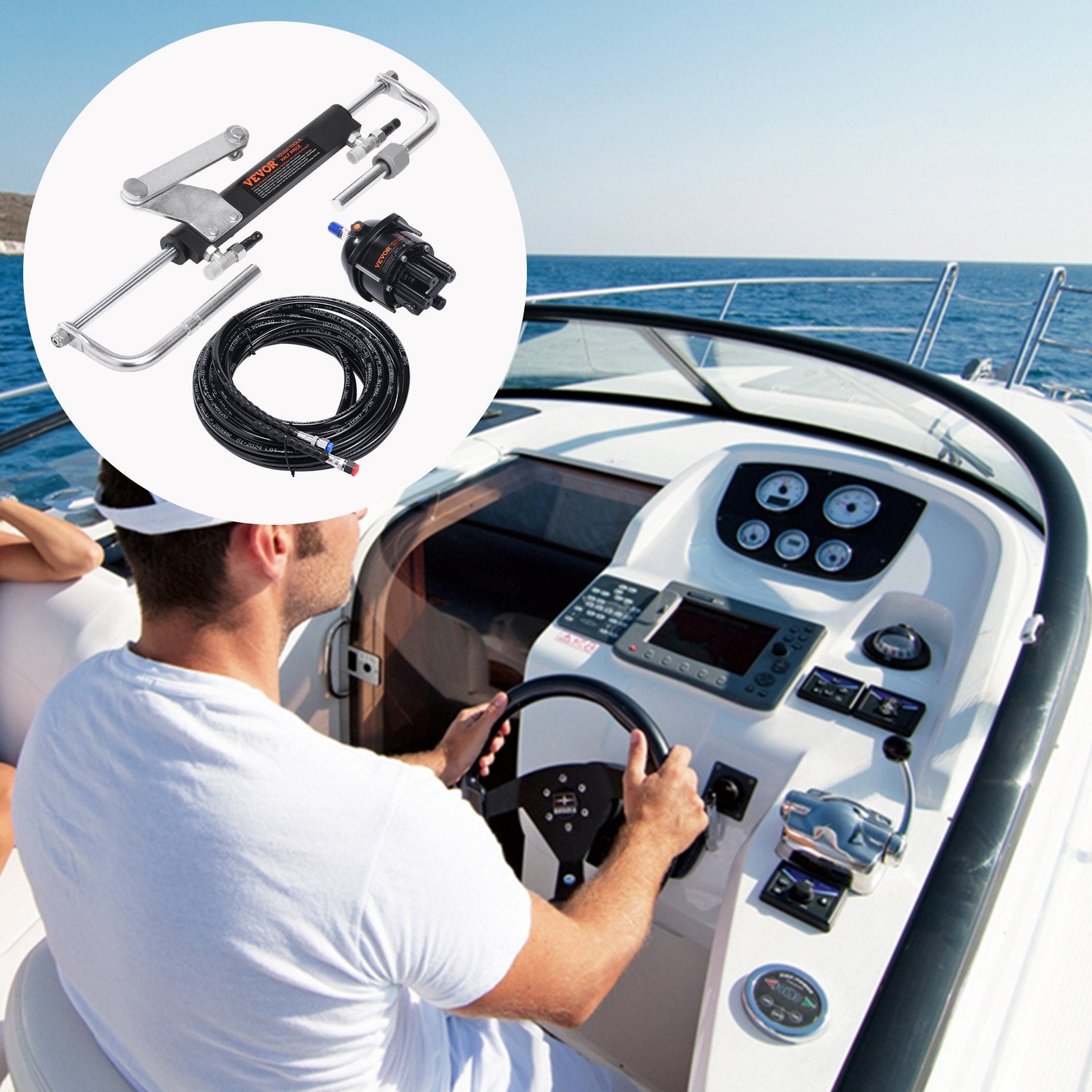 VEVOR Hydraulic Outboard Steering Kit, 90HP, Marine Boat Hydraulic Steering System, with Helm Pump Two-Way Lock Cylinder and 24 Feet Hydraulic Steering Hose, for Single Station Single-Engine Boats 8
