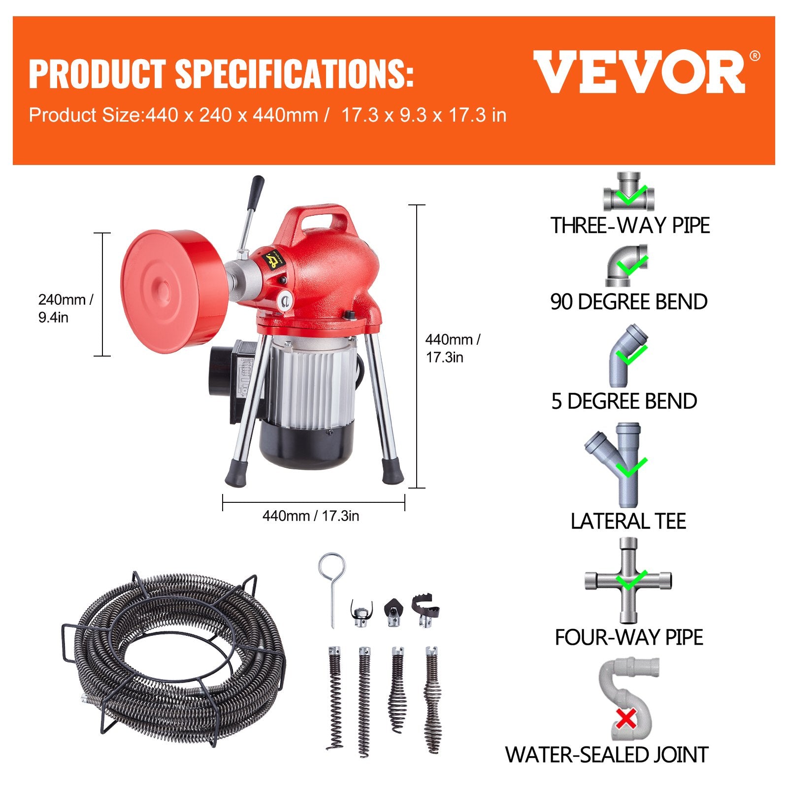 VEVOR Drain Cleaner Machine 66FT x 5/8In 250W Sectional Snake Auger Manual Feed 7