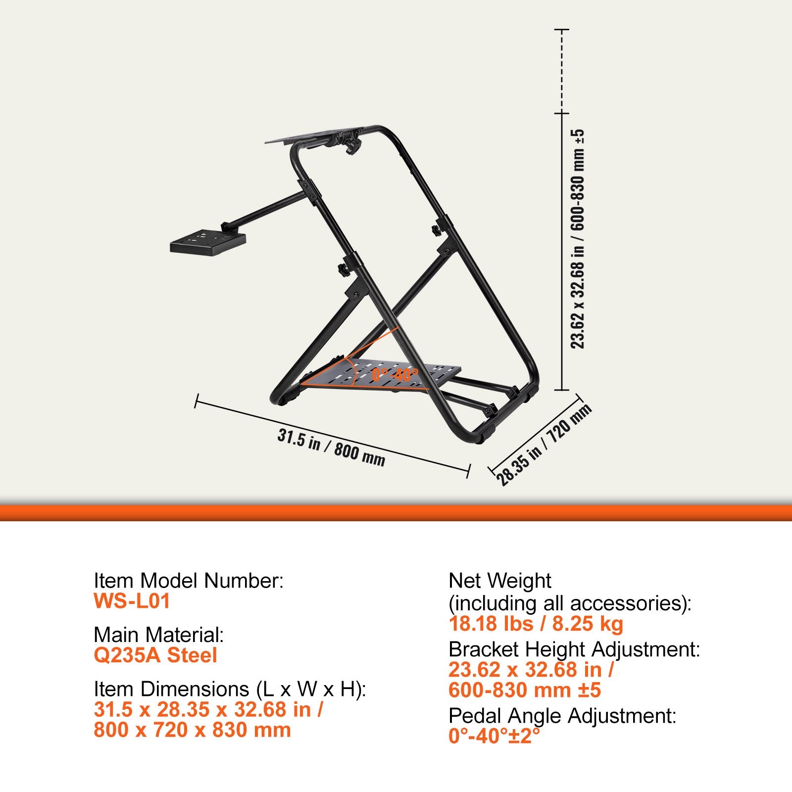 VEVOR Foldable Racing Steering Wheel Stand, Height Adjustable Universal Base Compatible with Logitech & Thrustmaster Racing Wheel and Pedal, Heavy-duty Frame Standard GT/Formula Seating Portable 7