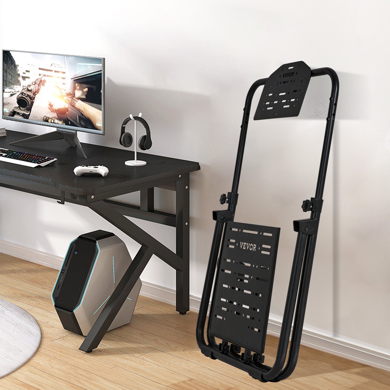 VEVOR Foldable Racing Steering Wheel Stand, Height Adjustable Universal Base Compatible with Logitech & Thrustmaster Racing Wheel and Pedal, Heavy-duty Frame Standard GT/Formula Seating Portable 8