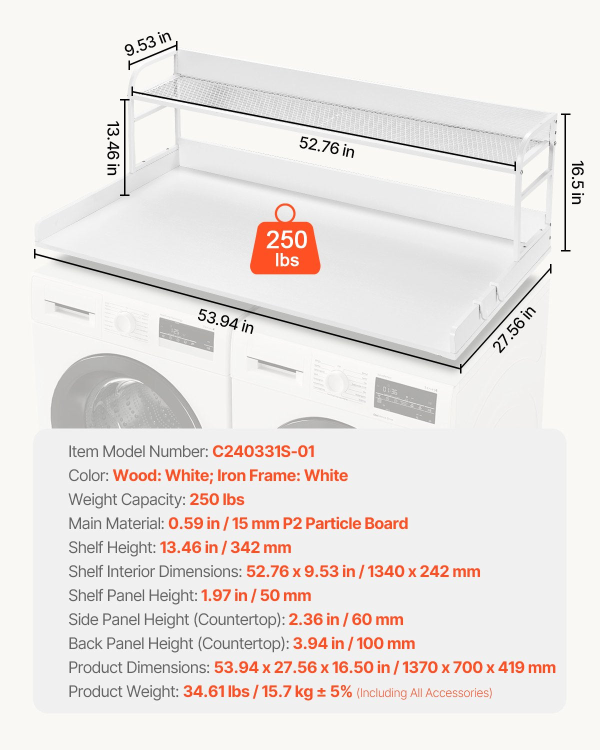 VEVOR Washer Dryer Countertop with Shelf 54"x27" Wooden Washer Dryer Cover White 7