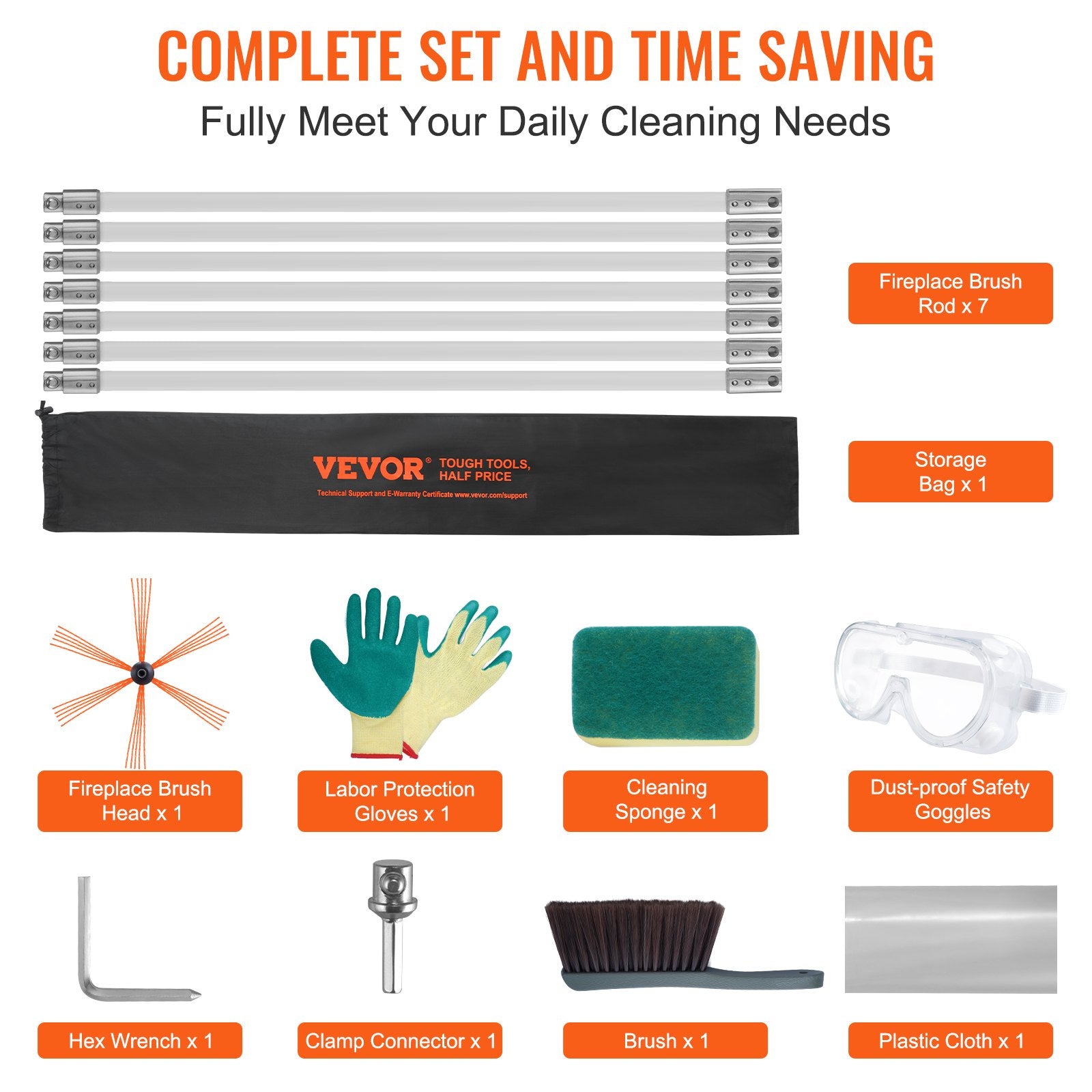 VEVOR 7 m Chimney Sweep Kit, w/ 7 Reinforced Nylon Flexible Rods, Ergonomic Chimney Cleaning Brush, 360-Degree Brush Chimney Cleaner, Rich Accessories for Fireplace Flue Home Use Fits most Pipes 5