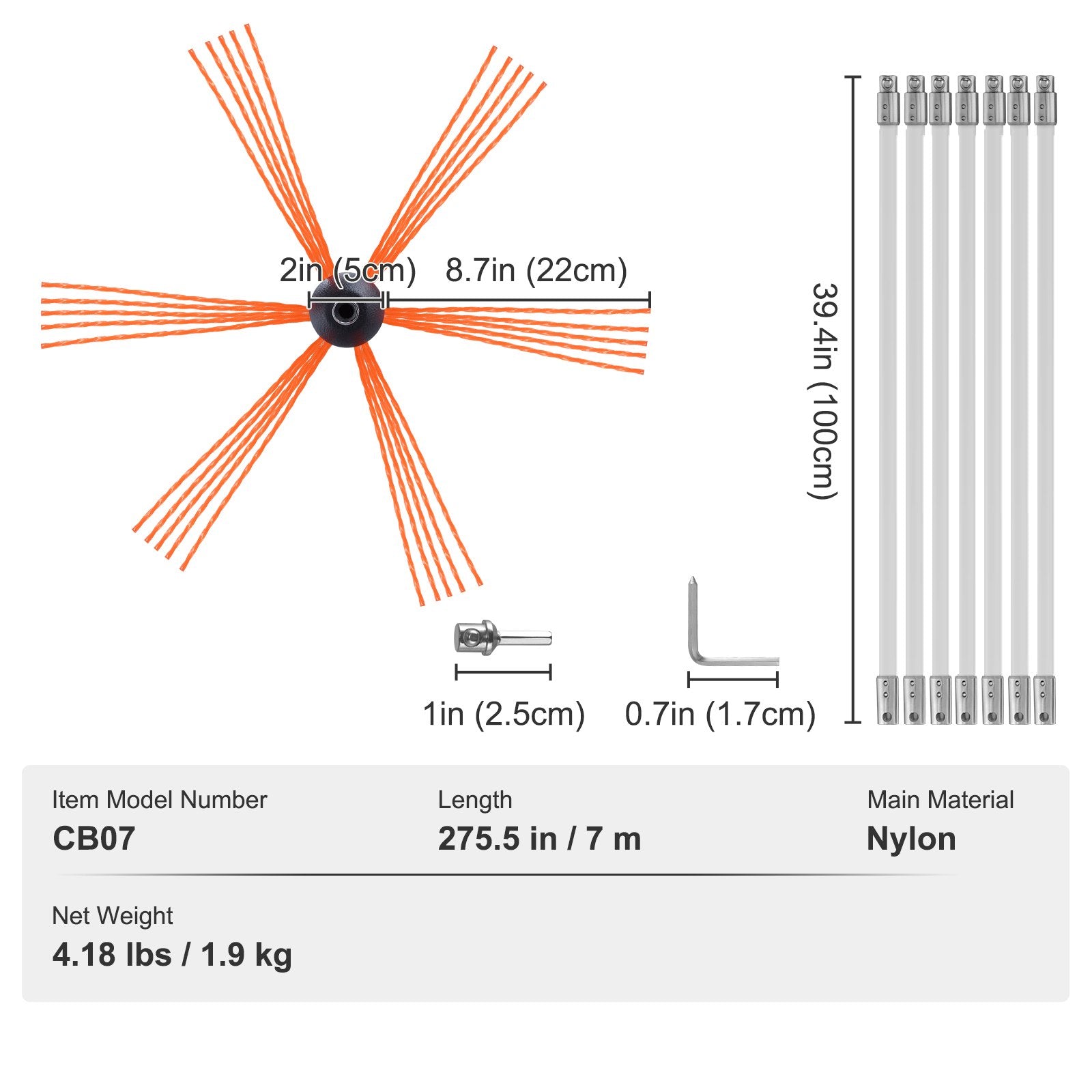 VEVOR 7 m Chimney Sweep Kit, w/ 7 Reinforced Nylon Flexible Rods, Ergonomic Chimney Cleaning Brush, 360-Degree Brush Chimney Cleaner, Rich Accessories for Fireplace Flue Home Use Fits most Pipes 7