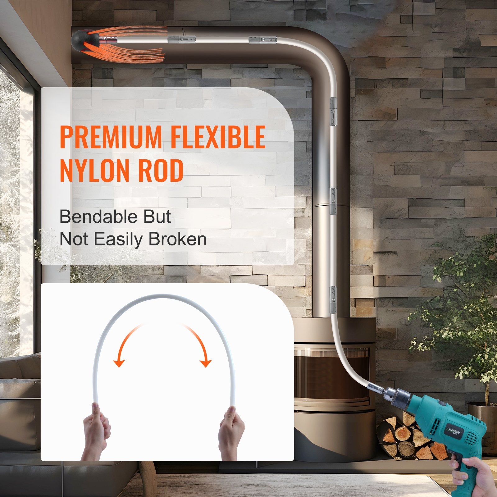 VEVOR 8 m Chimney Sweep Kit, w/ 8Reinforced Nylon Flexible Rods, Ergonomic Chimney Cleaning Brush, 360-Degree Brush Chimney Cleaner, Rich Accessories for Fireplace Flue Home Use Fits most Pipes 3