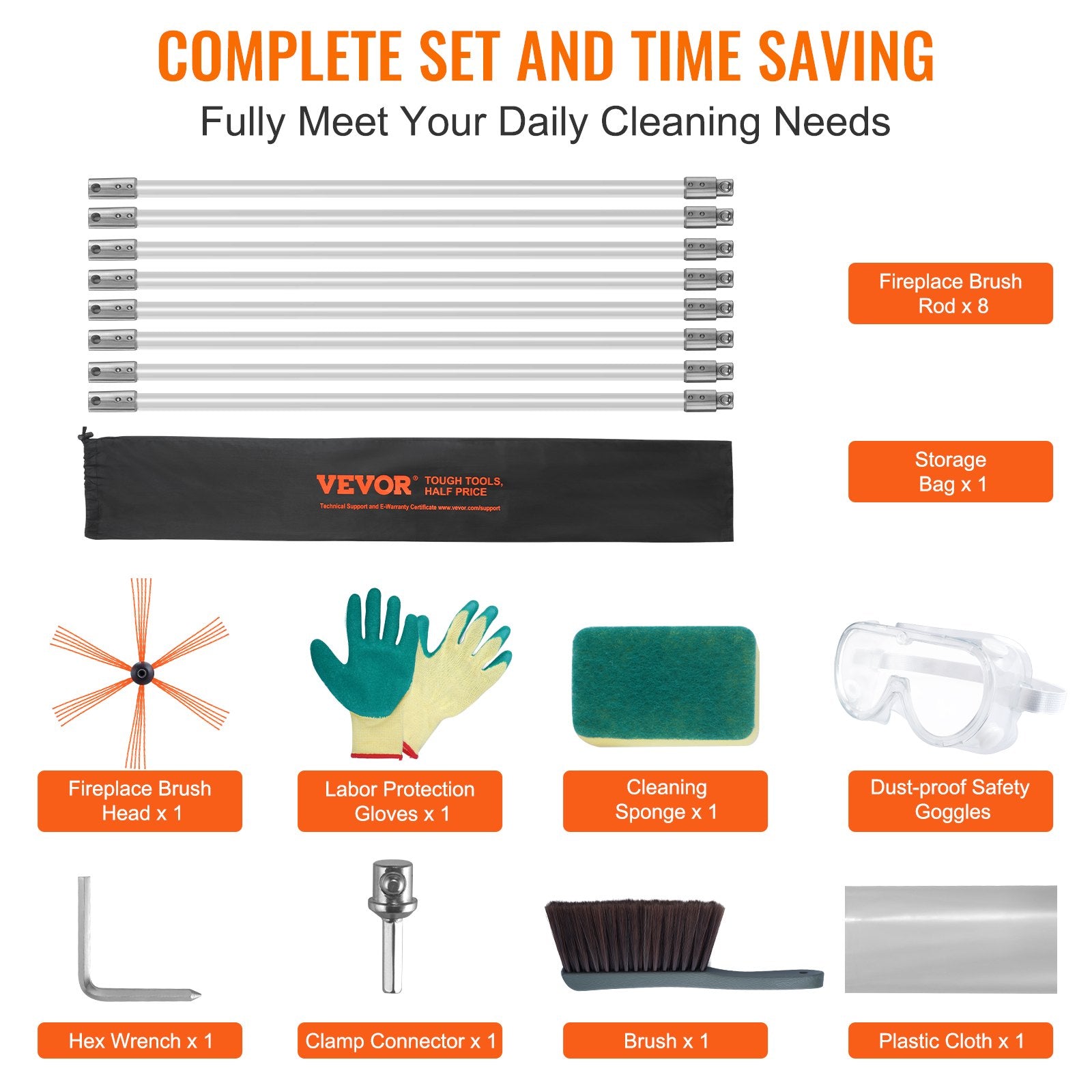 VEVOR 8 m Chimney Sweep Kit, w/ 8Reinforced Nylon Flexible Rods, Ergonomic Chimney Cleaning Brush, 360-Degree Brush Chimney Cleaner, Rich Accessories for Fireplace Flue Home Use Fits most Pipes 5