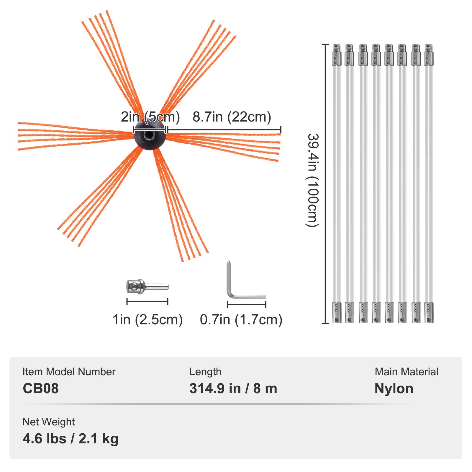 VEVOR 8 m Chimney Sweep Kit, w/ 8Reinforced Nylon Flexible Rods, Ergonomic Chimney Cleaning Brush, 360-Degree Brush Chimney Cleaner, Rich Accessories for Fireplace Flue Home Use Fits most Pipes 7
