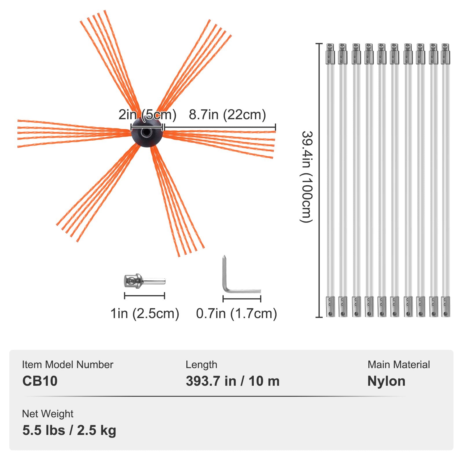 VEVOR 10 m Chimney Sweep Kit, w/ 10 Reinforced Nylon Flexible Rods, Ergonomic Chimney Cleaning Brush, 360-Degree Brush Chimney Cleaner, Rich Accessories for Fireplace Flue Home Use Fits most Pipes 7