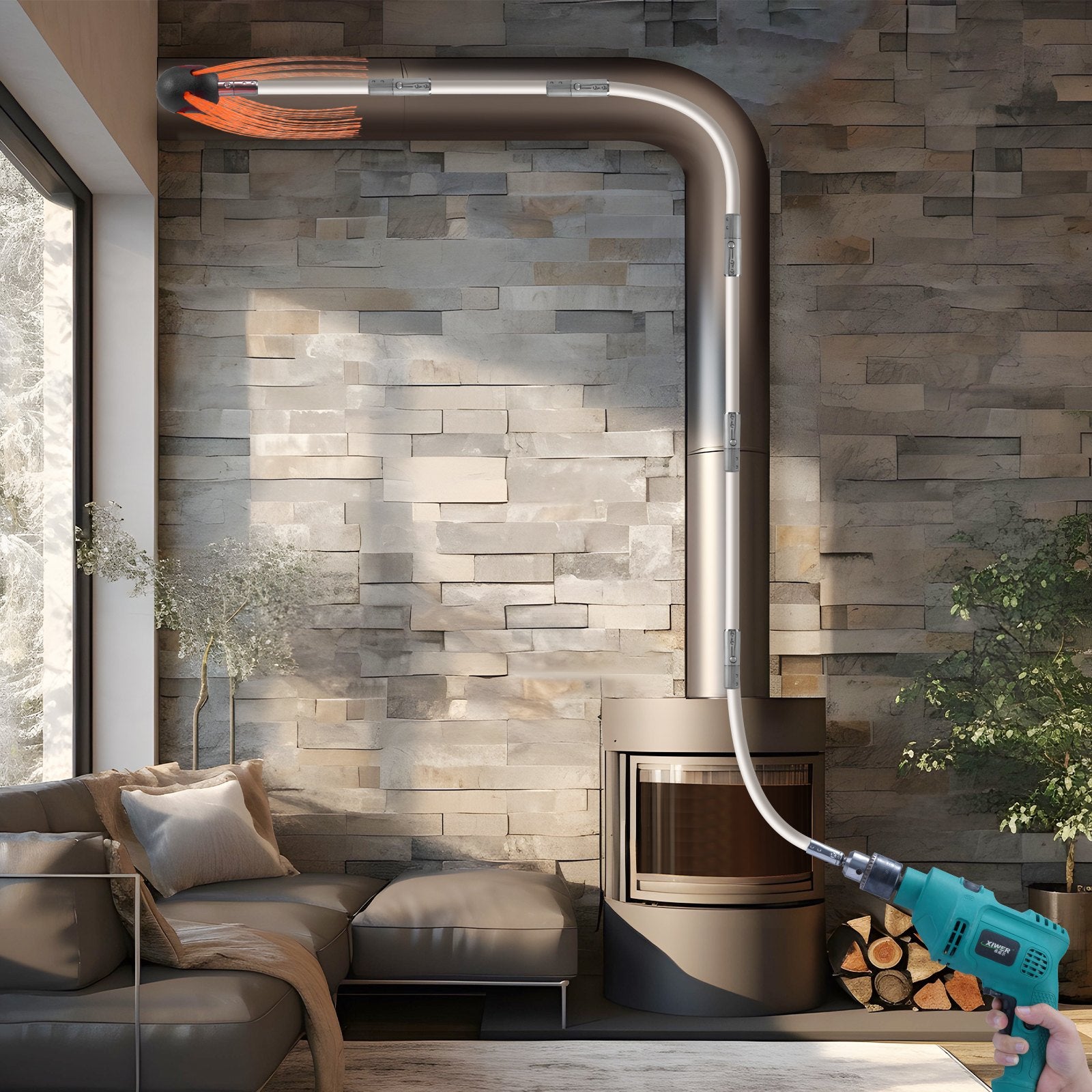 VEVOR 10 m Chimney Sweep Kit, w/ 10 Reinforced Nylon Flexible Rods, Ergonomic Chimney Cleaning Brush, 360-Degree Brush Chimney Cleaner, Rich Accessories for Fireplace Flue Home Use Fits most Pipes 8