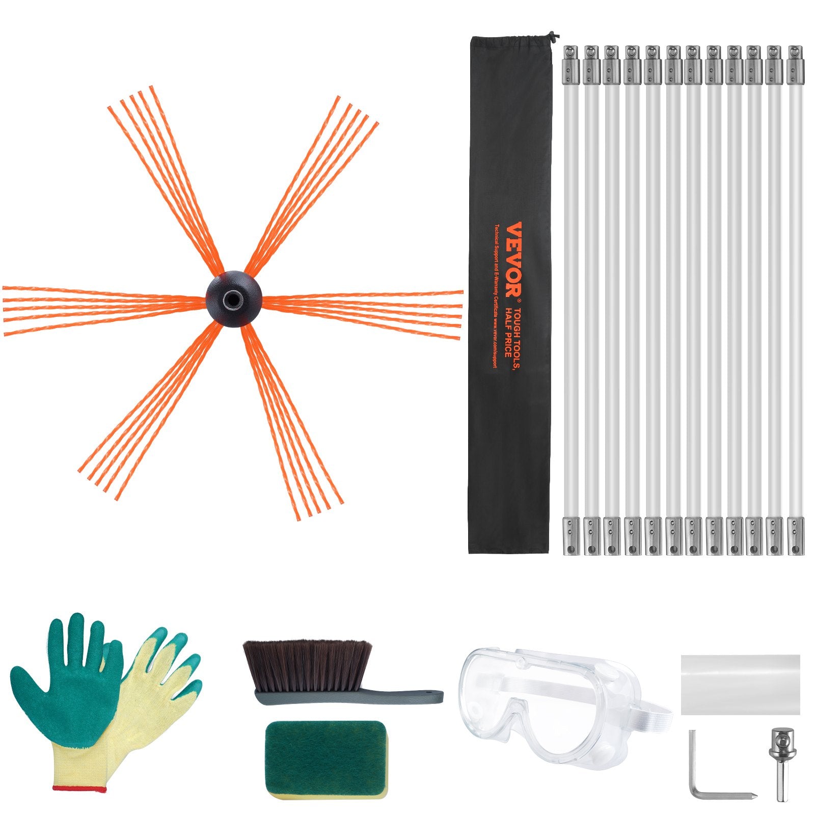 VEVOR 12 m Chimney Sweep Kit, w/ 12 Reinforced Nylon Flexible Rods, Ergonomic Chimney Cleaning Brush, 360-Degree Brush Chimney Cleaner, Rich Accessories for Fireplace Flue Home Use Fits most Pipes