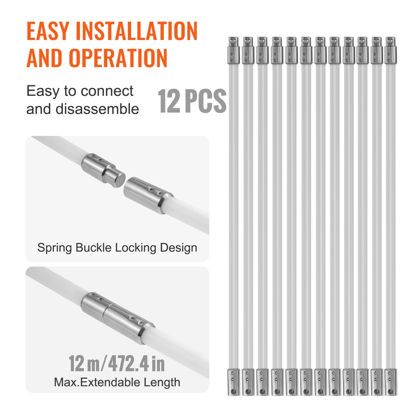 VEVOR 12 m Chimney Sweep Kit, w/ 12 Reinforced Nylon Flexible Rods, Ergonomic Chimney Cleaning Brush, 360-Degree Brush Chimney Cleaner, Rich Accessories for Fireplace Flue Home Use Fits most Pipes 4