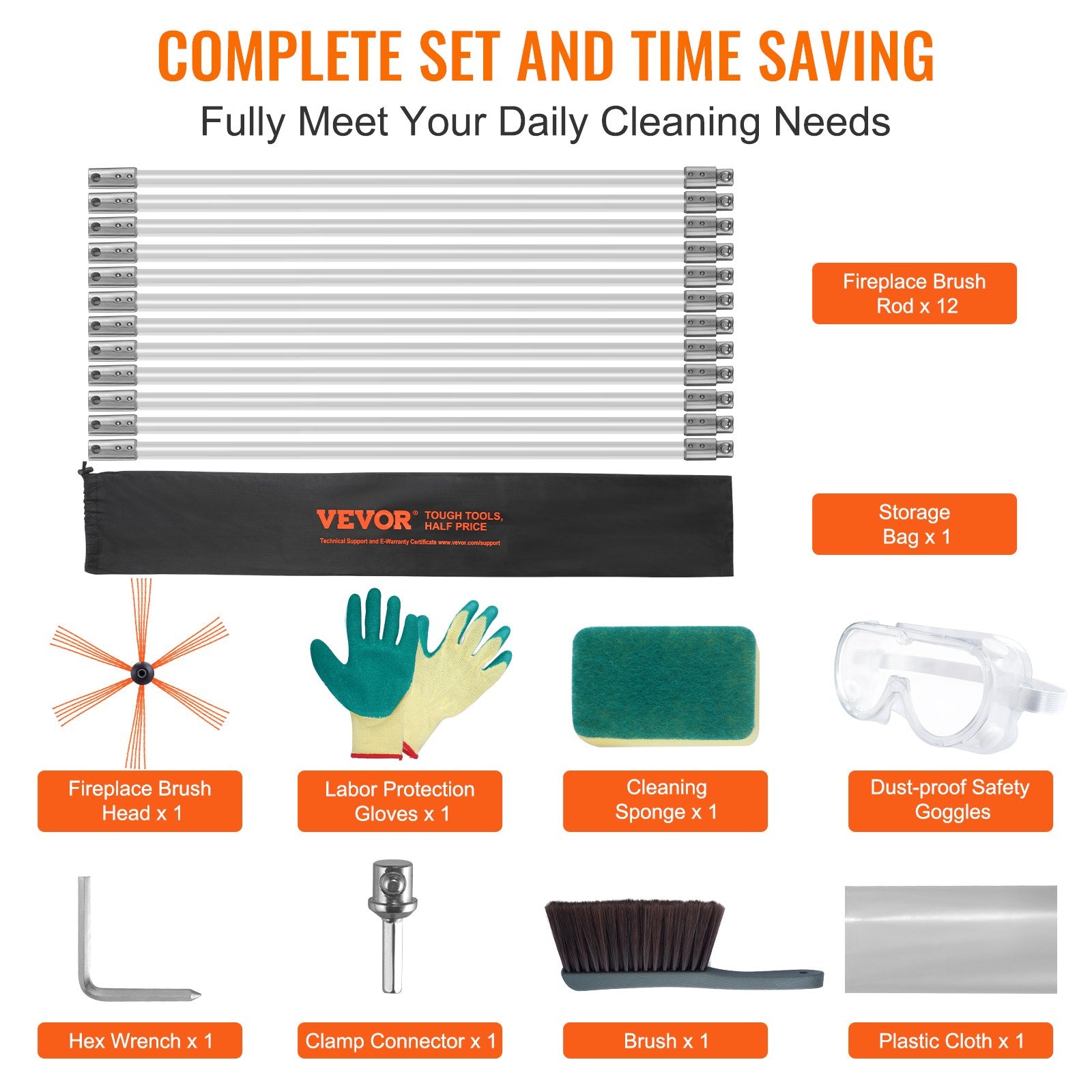 VEVOR 12 m Chimney Sweep Kit, w/ 12 Reinforced Nylon Flexible Rods, Ergonomic Chimney Cleaning Brush, 360-Degree Brush Chimney Cleaner, Rich Accessories for Fireplace Flue Home Use Fits most Pipes 5