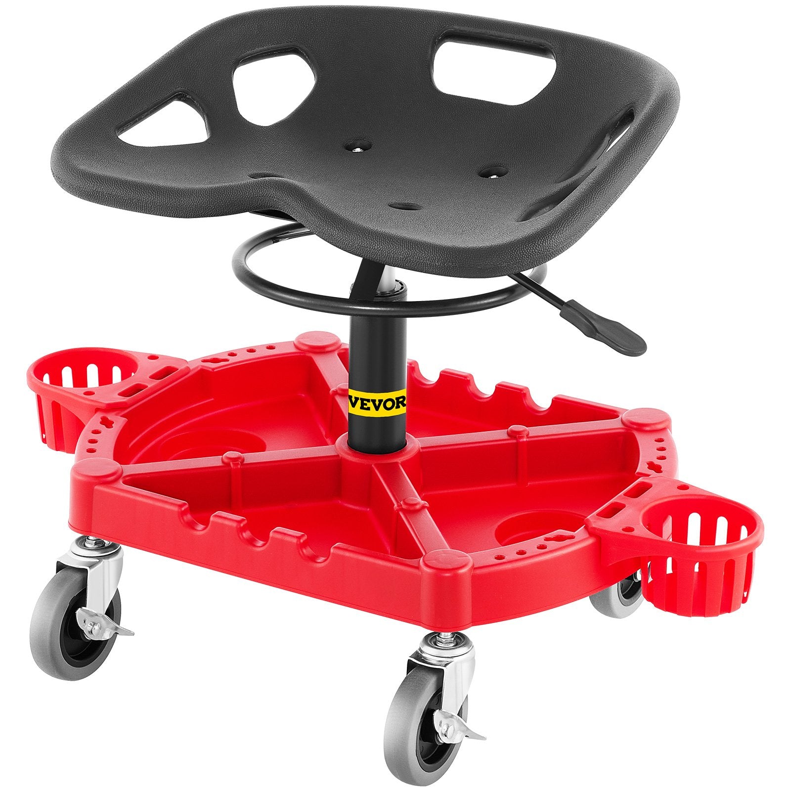 VEVOR Rolling Garage Stool, 300LBS Capacity, Adjustable Height from 18 in to 23 in, 360-degree Swivel Wheels (4\"), Large Tool Tray with Two Bottle Holder, for Workshop, Auto Repair Shop, Red