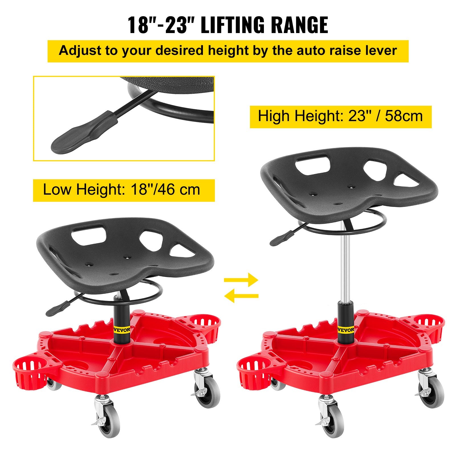 VEVOR Rolling Garage Stool, 300LBS Capacity, Adjustable Height from 18 in to 23 in, 360-degree Swivel Wheels (4\"), Large Tool Tray with Two Bottle Holder, for Workshop, Auto Repair Shop, Red 3