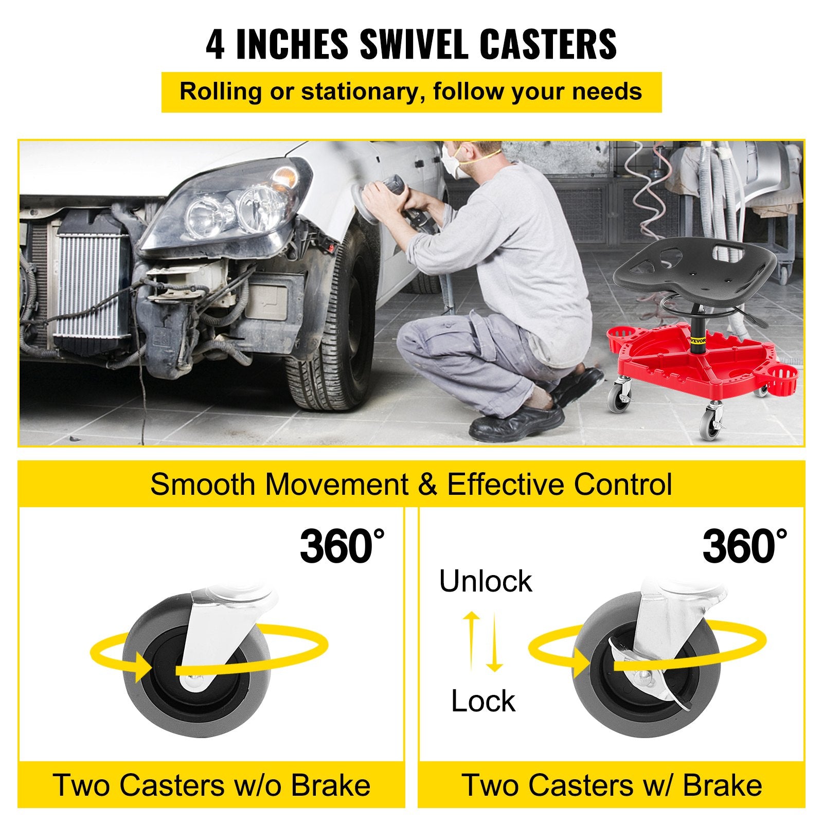 VEVOR Rolling Garage Stool, 300LBS Capacity, Adjustable Height from 18 in to 23 in, 360-degree Swivel Wheels (4\"), Large Tool Tray with Two Bottle Holder, for Workshop, Auto Repair Shop, Red 5