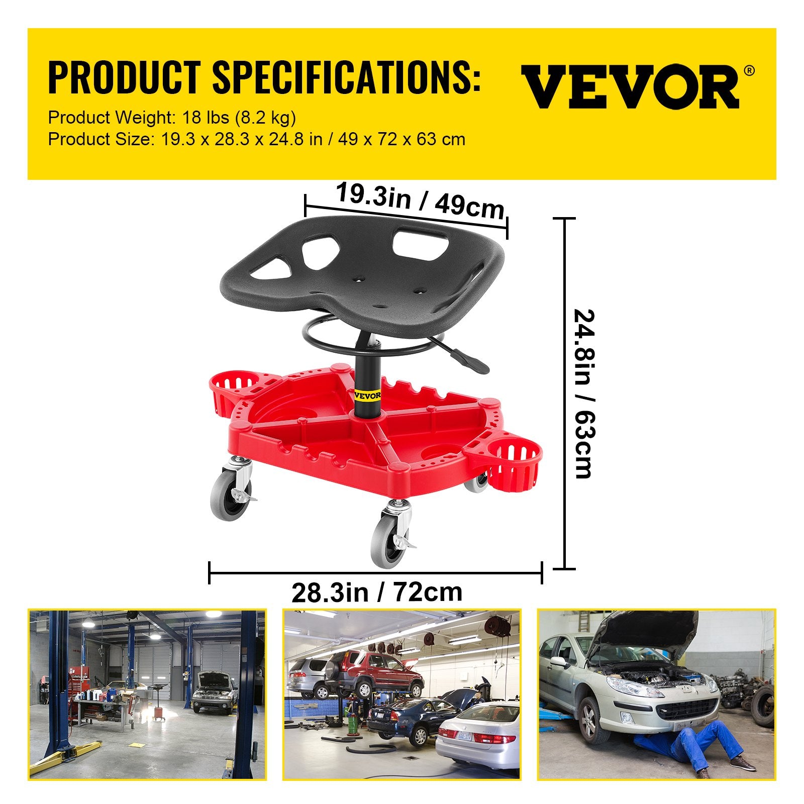 VEVOR Rolling Garage Stool, 300LBS Capacity, Adjustable Height from 18 in to 23 in, 360-degree Swivel Wheels (4\"), Large Tool Tray with Two Bottle Holder, for Workshop, Auto Repair Shop, Red 7