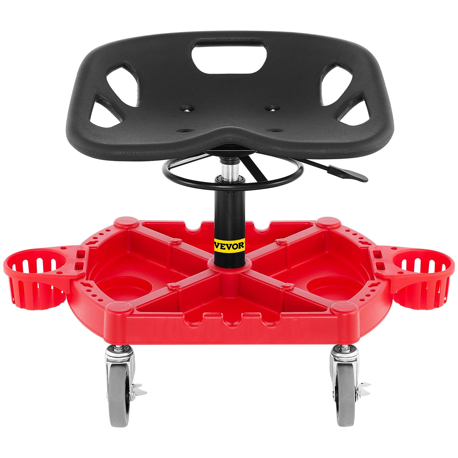VEVOR Rolling Garage Stool, 300LBS Capacity, Adjustable Height from 18 in to 23 in, 360-degree Swivel Wheels (4\"), Large Tool Tray with Two Bottle Holder, for Workshop, Auto Repair Shop, Red 9