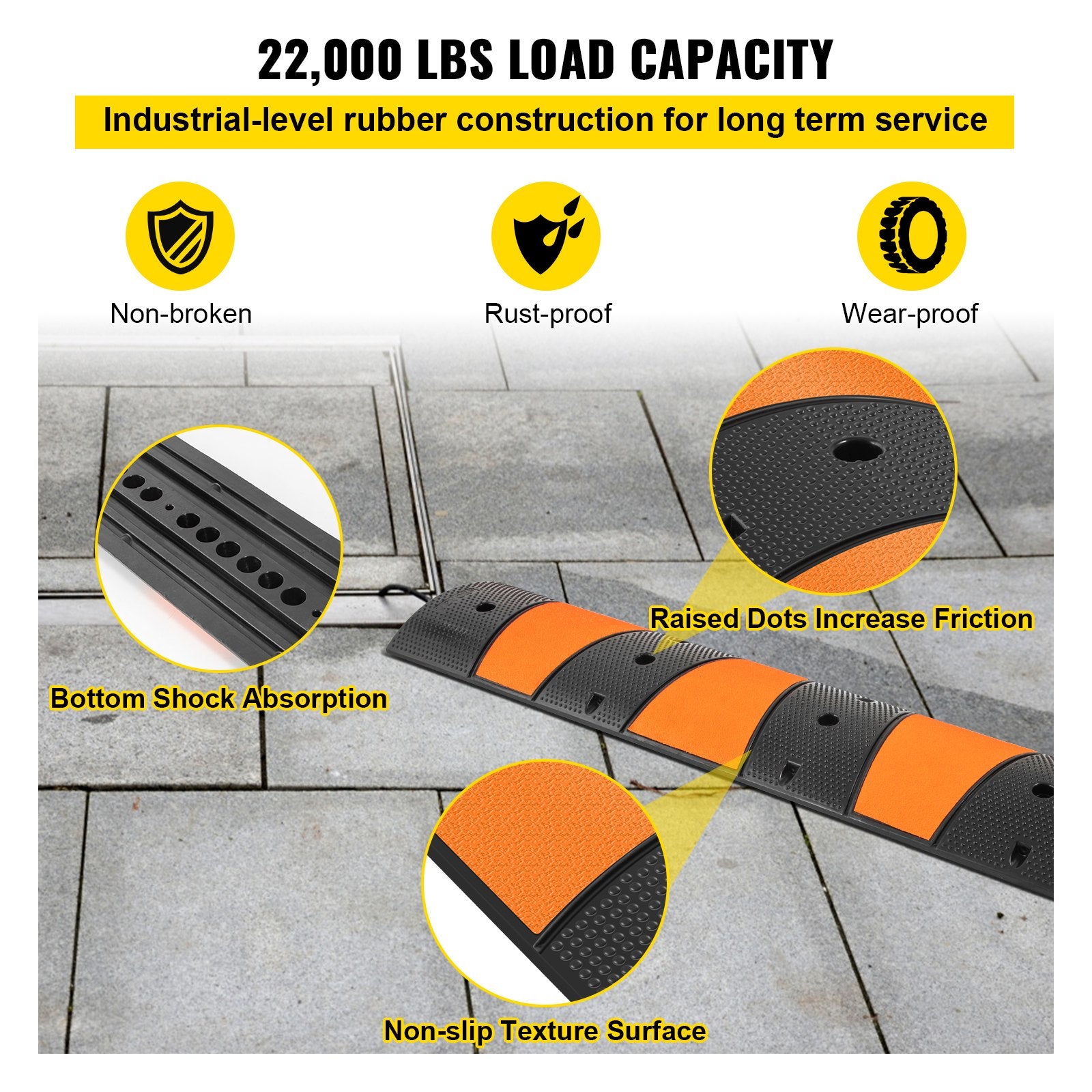 VEVOR Rubber Speed Bump, 1 Pack 2 Channel Speed Bump Hump, 72.8\" Long Modular Speed Bump Rated 22000 LBS Load Capacity, 72.8 x 12.2 x 2.2 Garage Speed Bump for Asphalt Concrete Gravel Driveway-6 FT 4