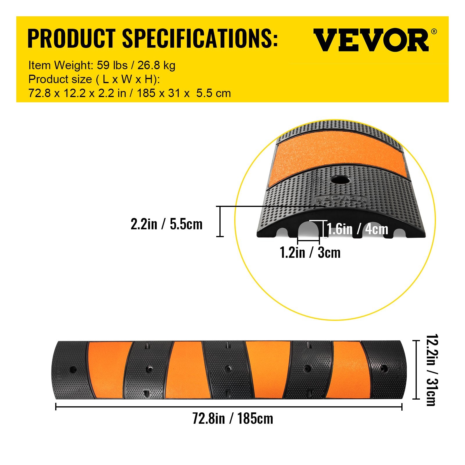 VEVOR Rubber Speed Bump, 1 Pack 2 Channel Speed Bump Hump, 72.8\" Long Modular Speed Bump Rated 22000 LBS Load Capacity, 72.8 x 12.2 x 2.2 Garage Speed Bump for Asphalt Concrete Gravel Driveway-6 FT 6