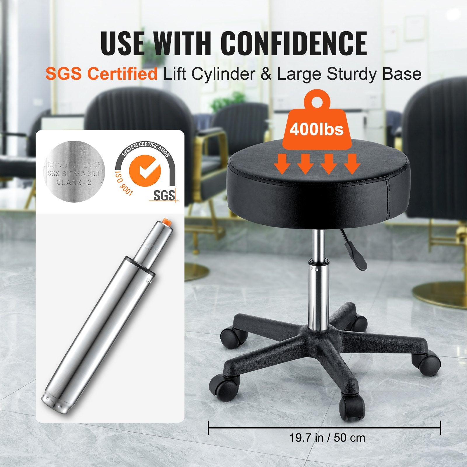 VEVOR Rolling Stools with Wheels, 400 LBS Weight Capacity Adjustable Height Stool with Ultra-Thick Seat Cushion, Swivel Stools Chair for Salon, Bar, Home, Office, Tatoo, Medical, Massage, Black 3