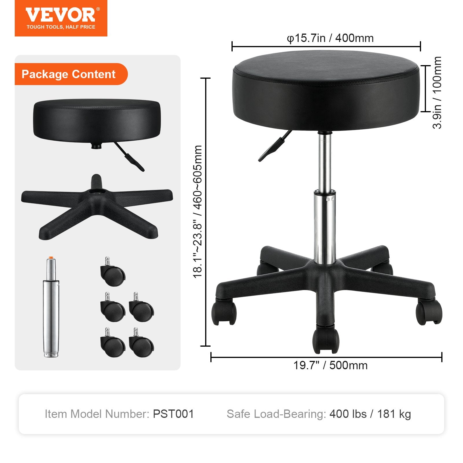 VEVOR Rolling Stools with Wheels, 400 LBS Weight Capacity Adjustable Height Stool with Ultra-Thick Seat Cushion, Swivel Stools Chair for Salon, Bar, Home, Office, Tatoo, Medical, Massage, Black 7