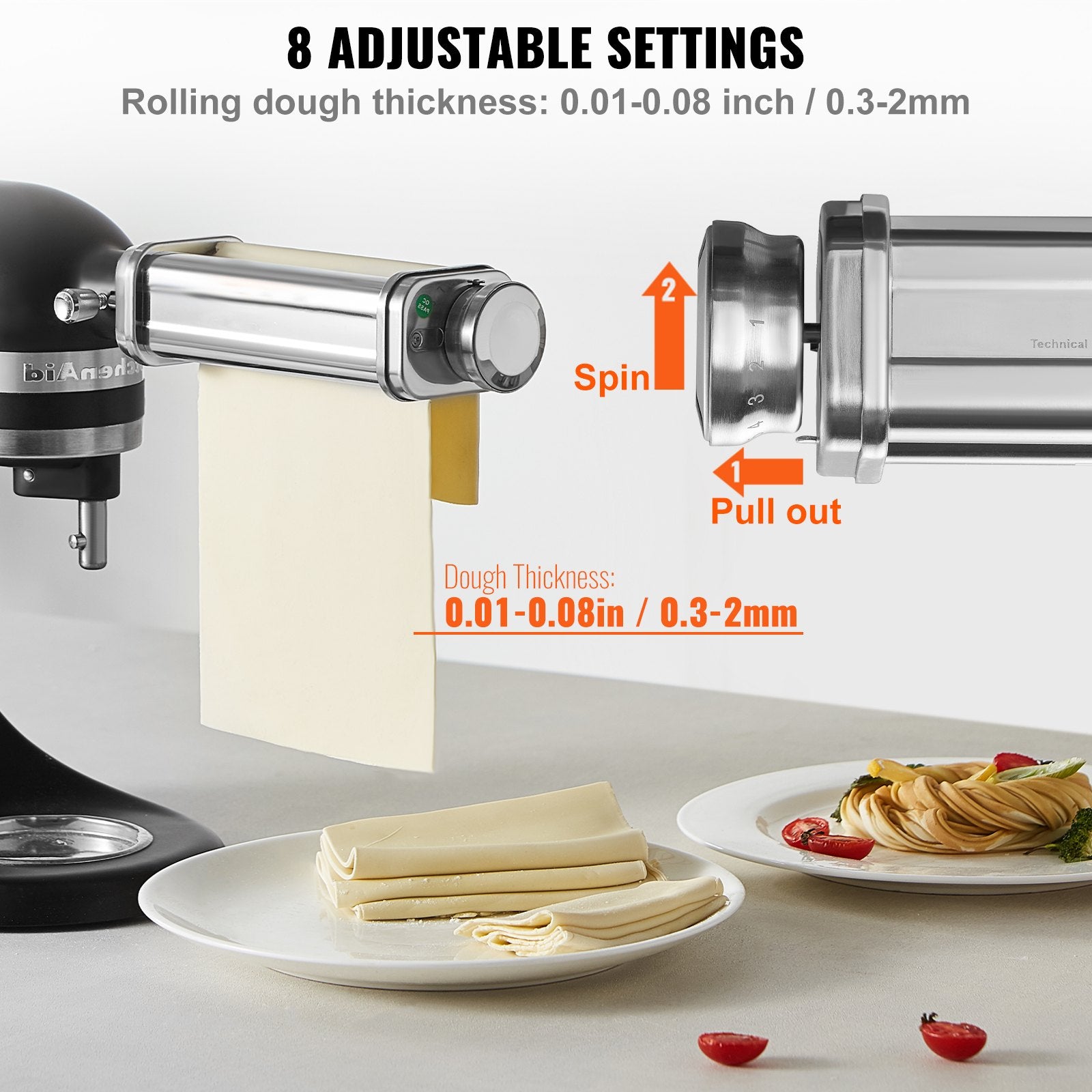VEVOR Pasta Attachment for KitchenAid Stand Mixer, Stainless Steel Pasta Sheet Roller Attachment, Pasta Maker Machine Accessory with 8 Adjustable Thickness Knob, KitchenAid Pasta Attachment by VEVOR 3