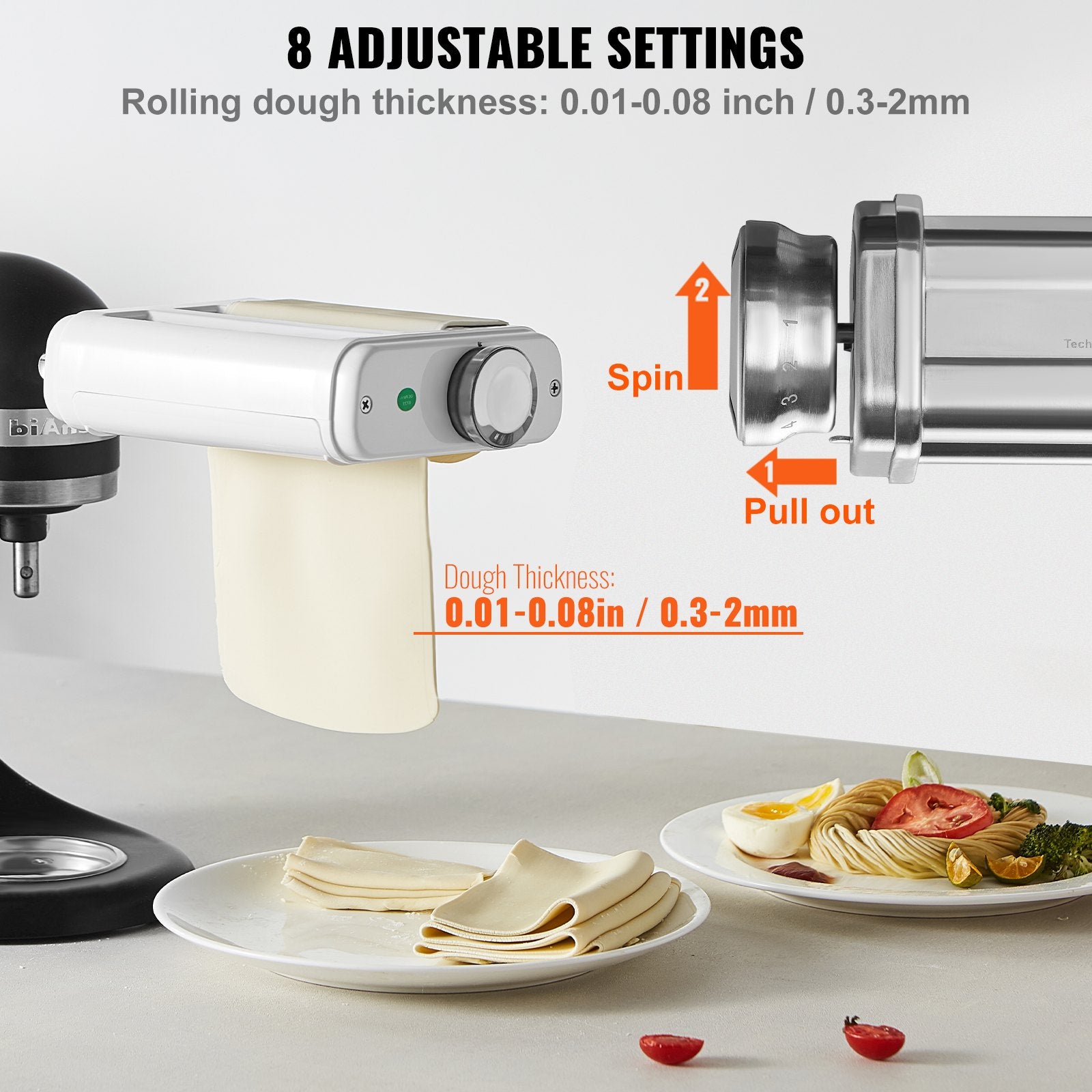 VEVOR Pasta Attachment for KitchenAid Stand Mixer, 3-IN-1 Stainless Steel Pasta Roller Cutter Set Including Pasta Sheet Roller, Spaghetti and Fettuccine Cutter, 8 Adjustable Thickness Knob Pasta Maker 3