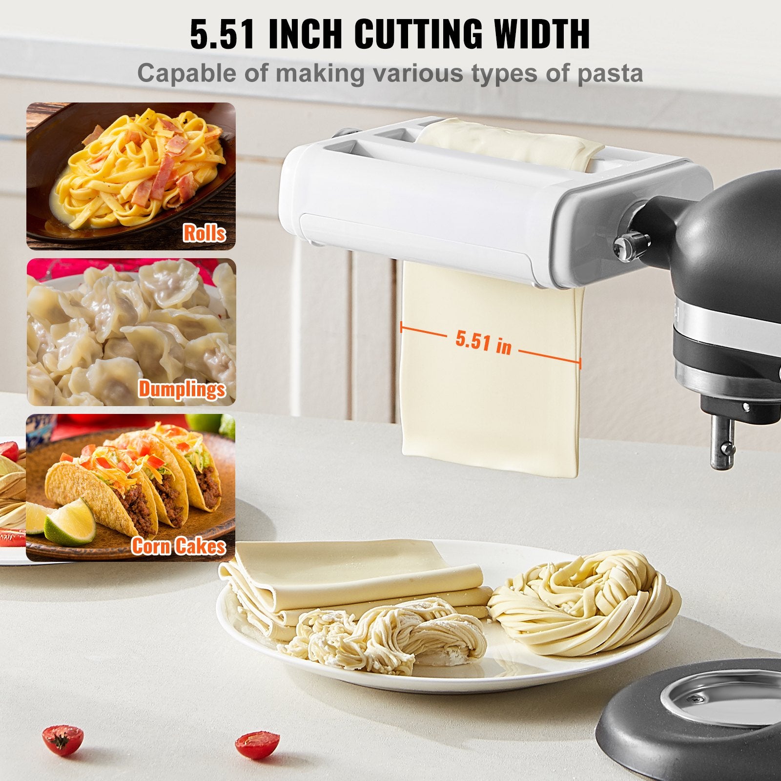 VEVOR Pasta Attachment for KitchenAid Stand Mixer, 3-IN-1 Stainless Steel Pasta Roller Cutter Set Including Pasta Sheet Roller, Spaghetti and Fettuccine Cutter, 8 Adjustable Thickness Knob Pasta Maker 4