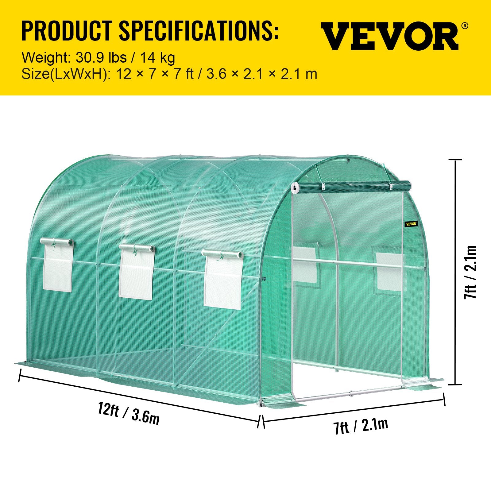 VEVOR Walk-in Tunnel Greenhouse Galvanized Frame & Waterproof Cover 12x7x7 ft 7