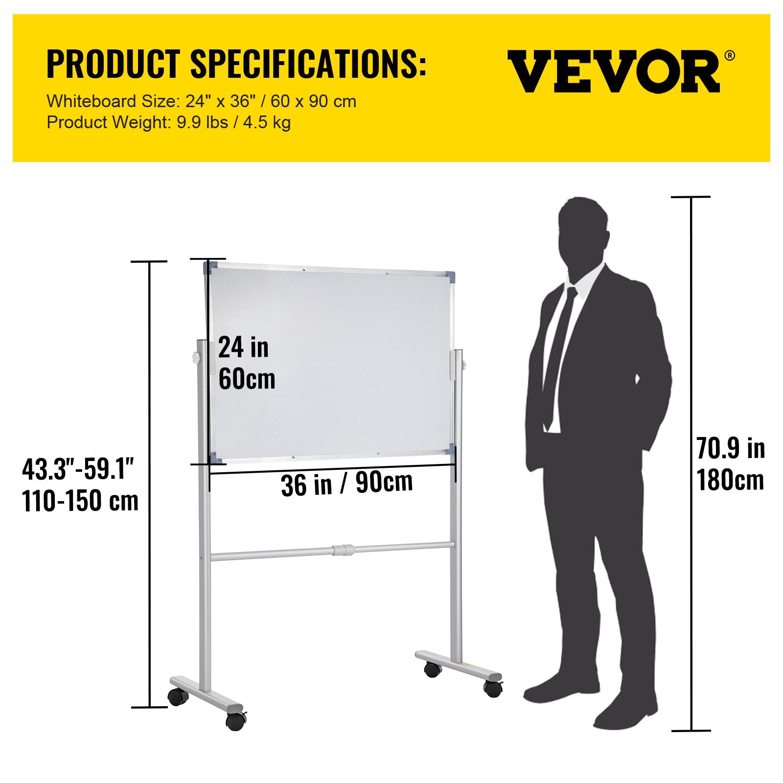 VEVOR Mobile Dry Erase Board Magnetic Whiteboard w/ Stand 60 x 90cm Double Sided 7