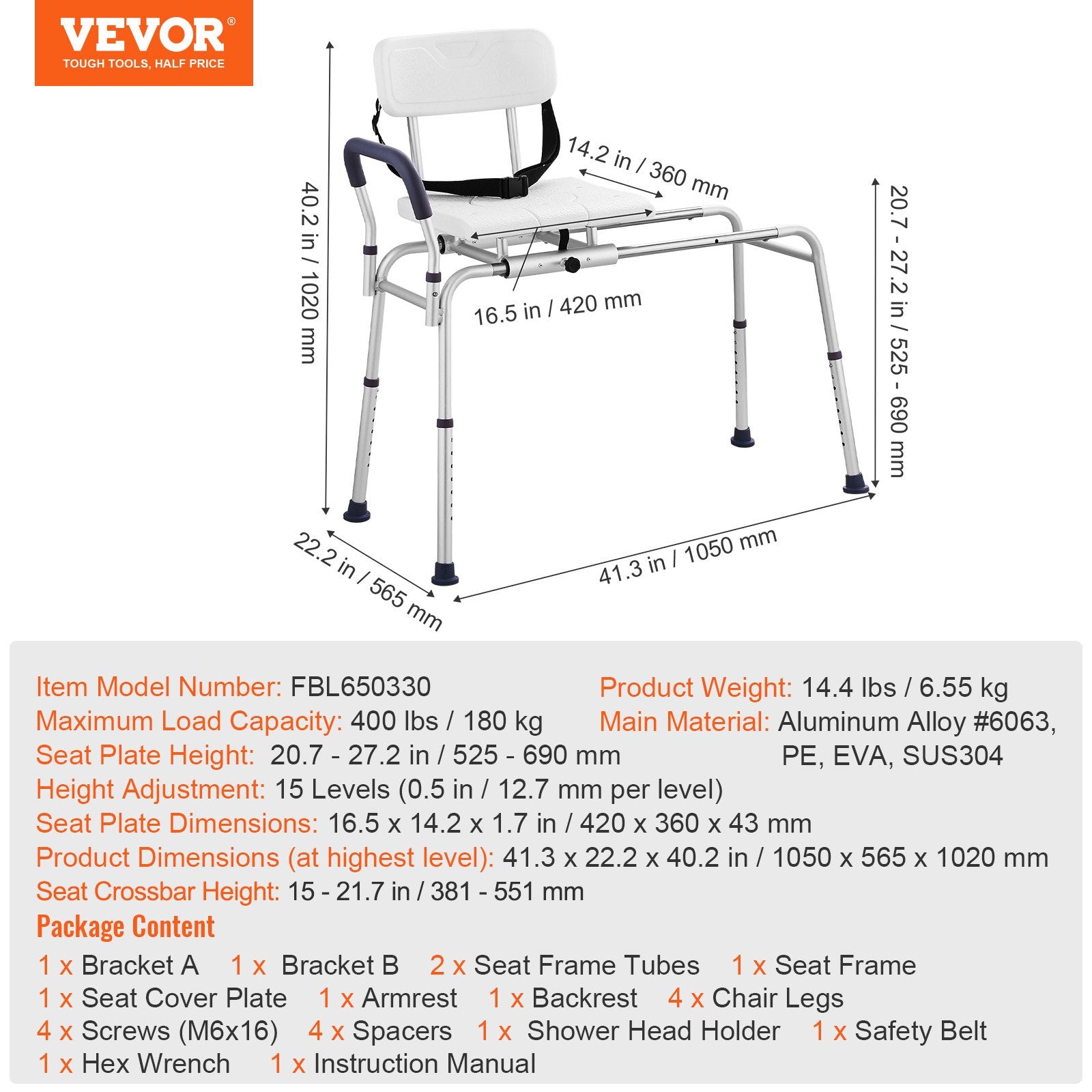 VEVOR Sliding Tub Transfer Bench Shower Chair & Cut-Out Seat Reversible Backrest 7