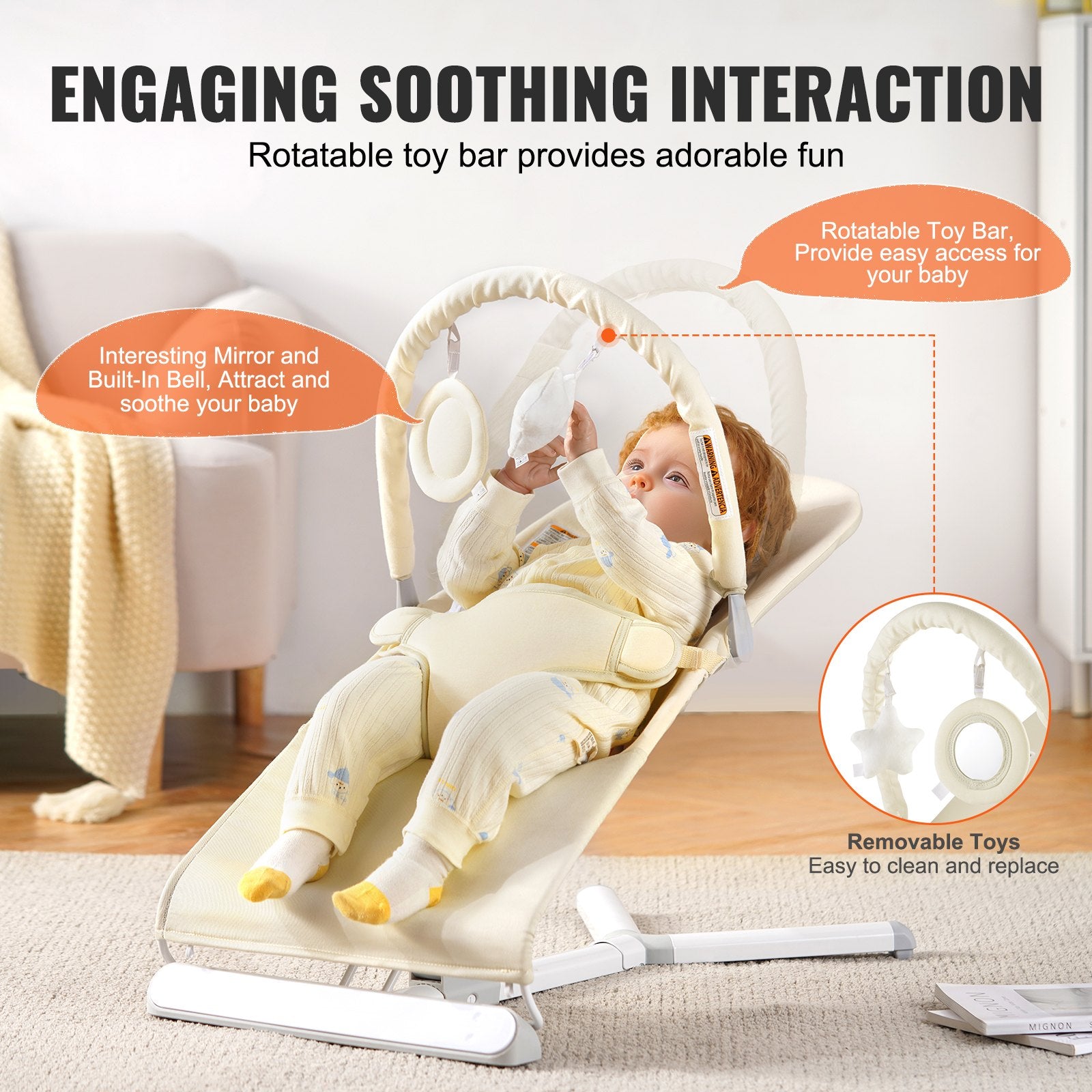 VEVOR Baby Bouncer Folding Bouncer Seat Chair for Babies 0-9 Months with Toy Bar 5
