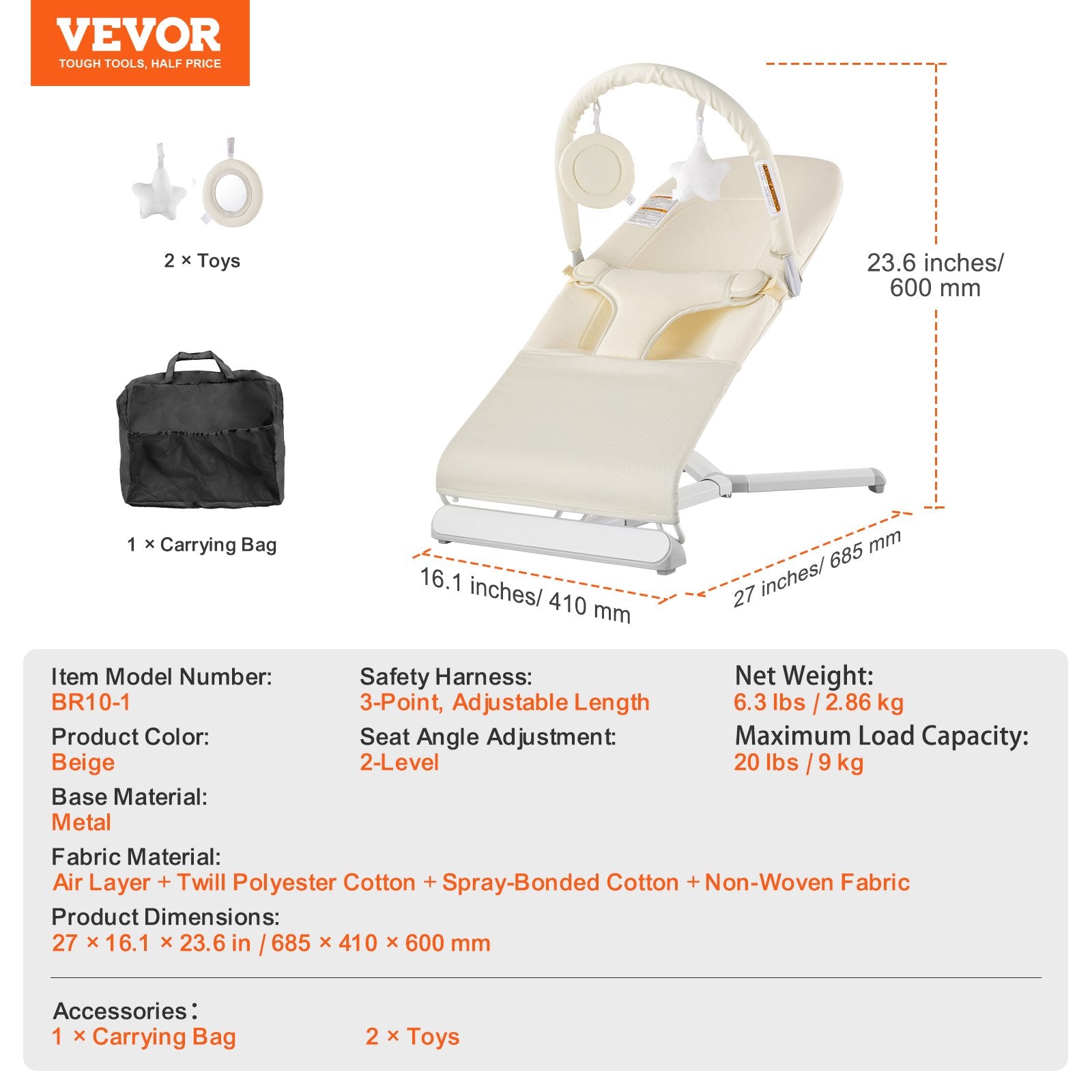 VEVOR Baby Bouncer Folding Bouncer Seat Chair for Babies 0-9 Months with Toy Bar 7