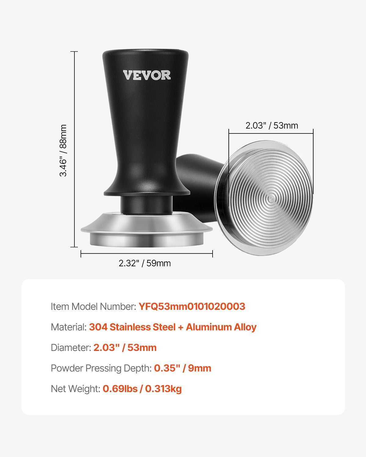VEVOR 51mm/53mm/58mm Espresso Tamper Stainless Steel Coffee Tamper with Spring 6