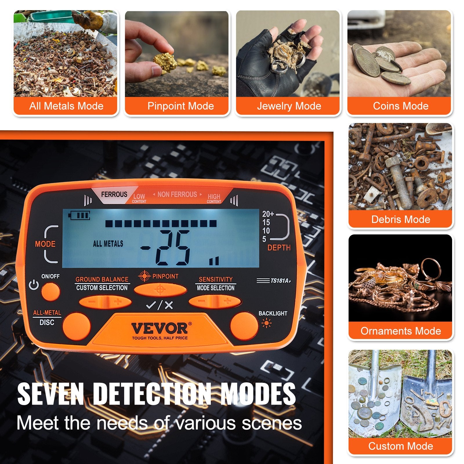 VEVOR Metal Detector for Adults&Kids, 250mm, Professional Adjustable Higher Accuracy Gold Detector, IP68 Waterproof Coil with LCD Display 7 Modes Advanced DSP Chip, for Detecting Gold Treasure Hunting 4