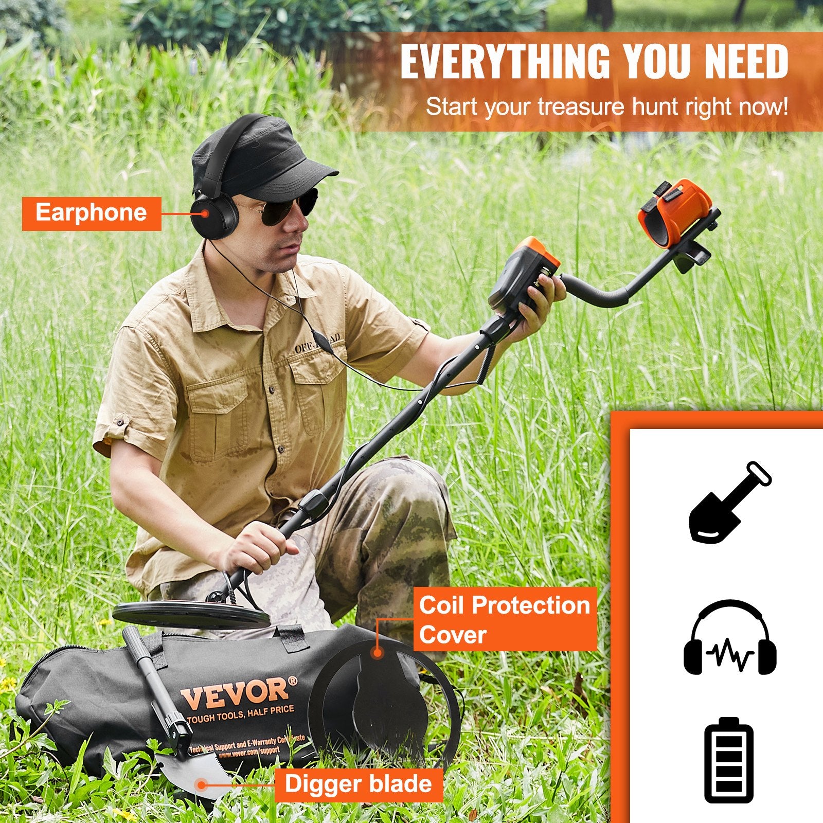 VEVOR Metal Detector for Adults&Kids, 250mm, Professional Adjustable Higher Accuracy Gold Detector, IP68 Waterproof Coil with LCD Display 7 Modes Advanced DSP Chip, for Detecting Gold Treasure Hunting 6