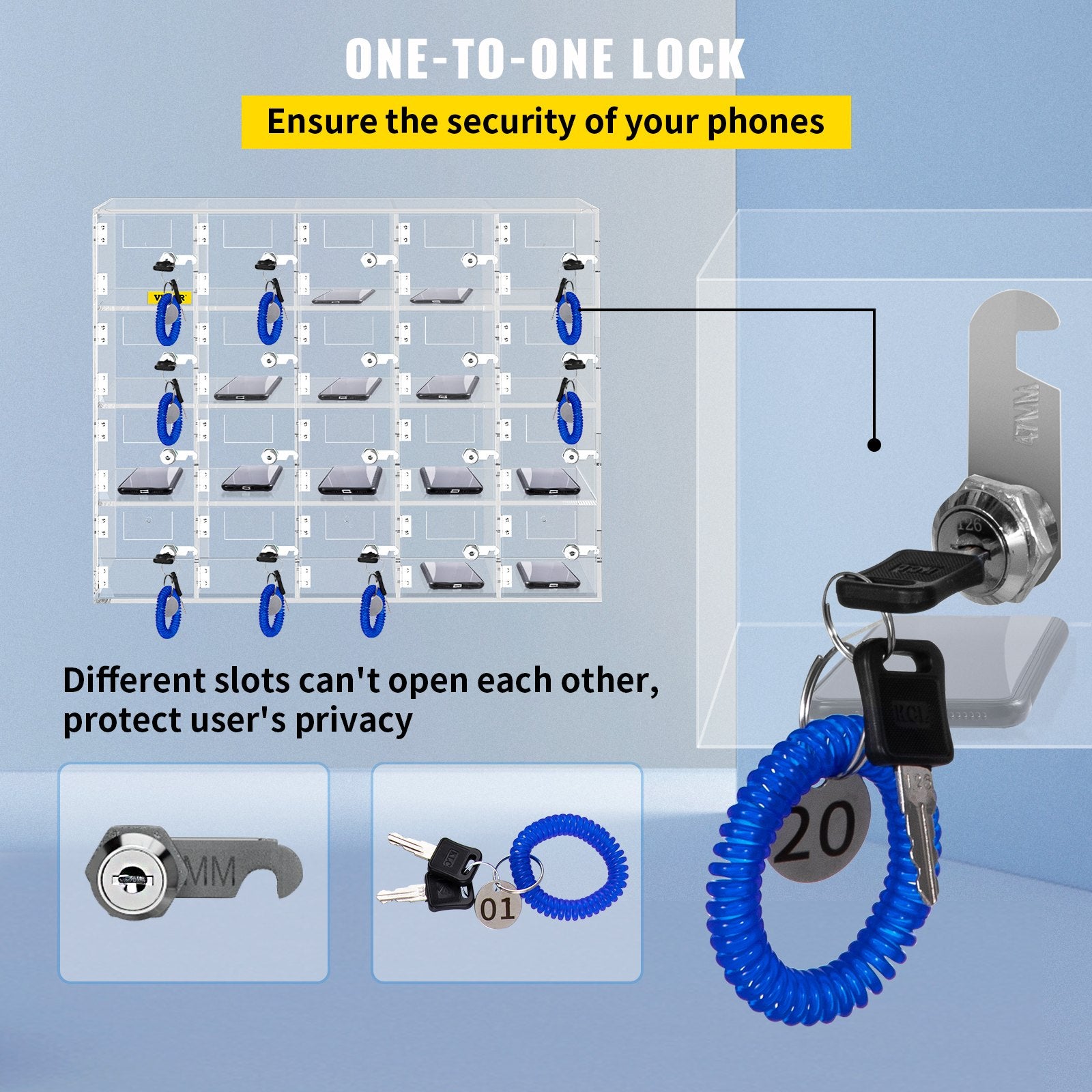 VEVOR Acrylic Cell Phone Locker Box Storage Cabinet Pocket w/Keys 20 Slots Clear 3